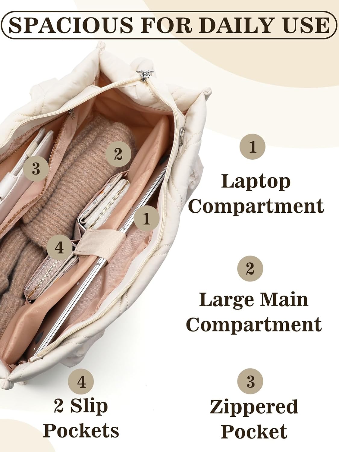 Apipi Lightweight Puffer Tote Bag for Women - 12" x 16" Large Work Tote with Multiple Compartments for Work
