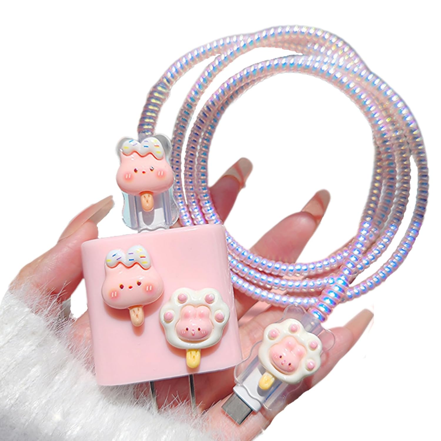 Charger Protector Cute 3D Rabbit Cable Protector for iPhone iPad 18W/20W Charger Cover,Cartoon 3D Cat's Paws Shape Design Charger Cord Protector,Charging Cord Protector for iPhone14 15 16 Pro Max-Pink