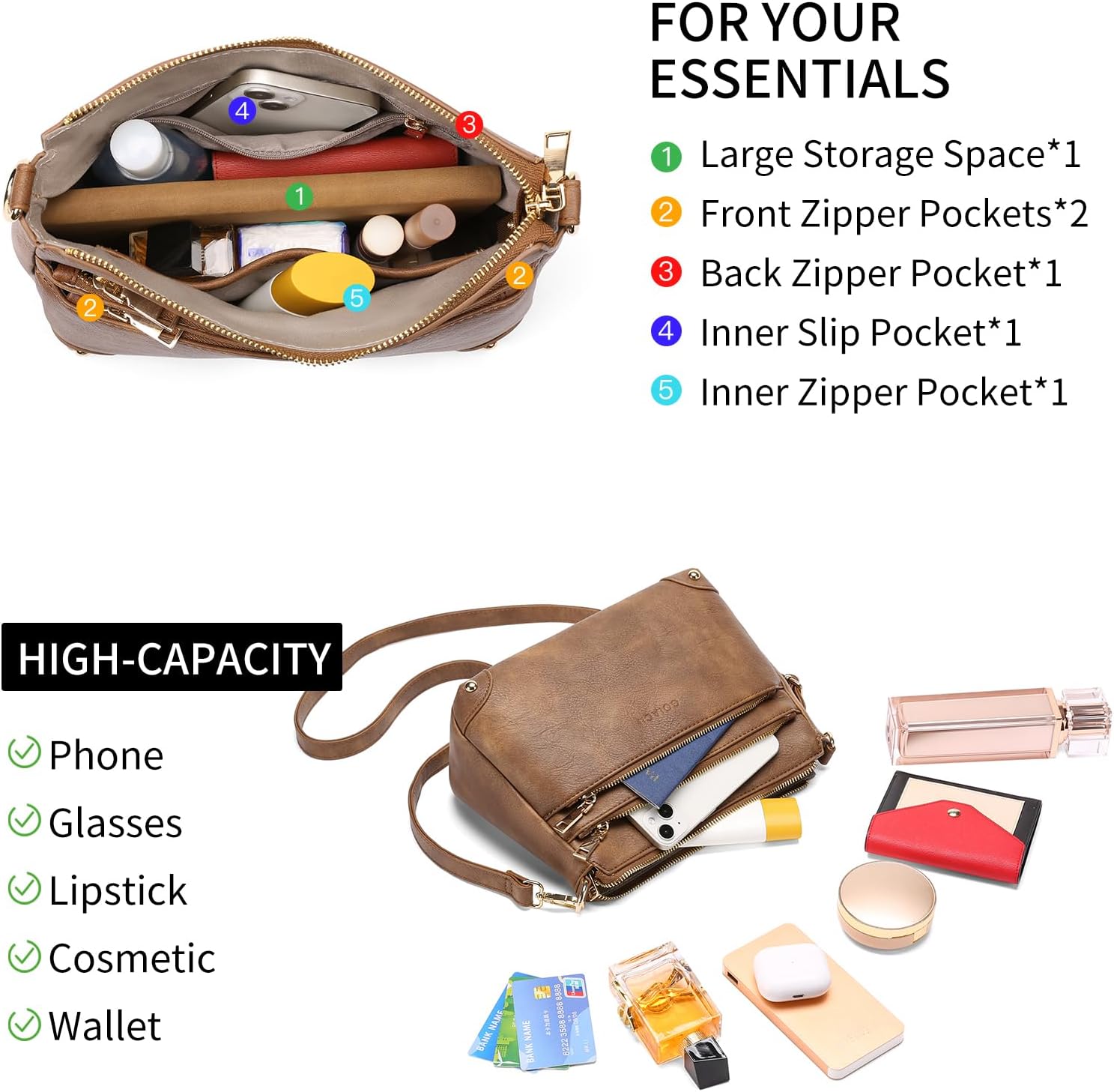 GOIACII Purse for Women Medium Crossbody Bags Multi Zipper Pocket Leather Shoulder Handbags - Image 3