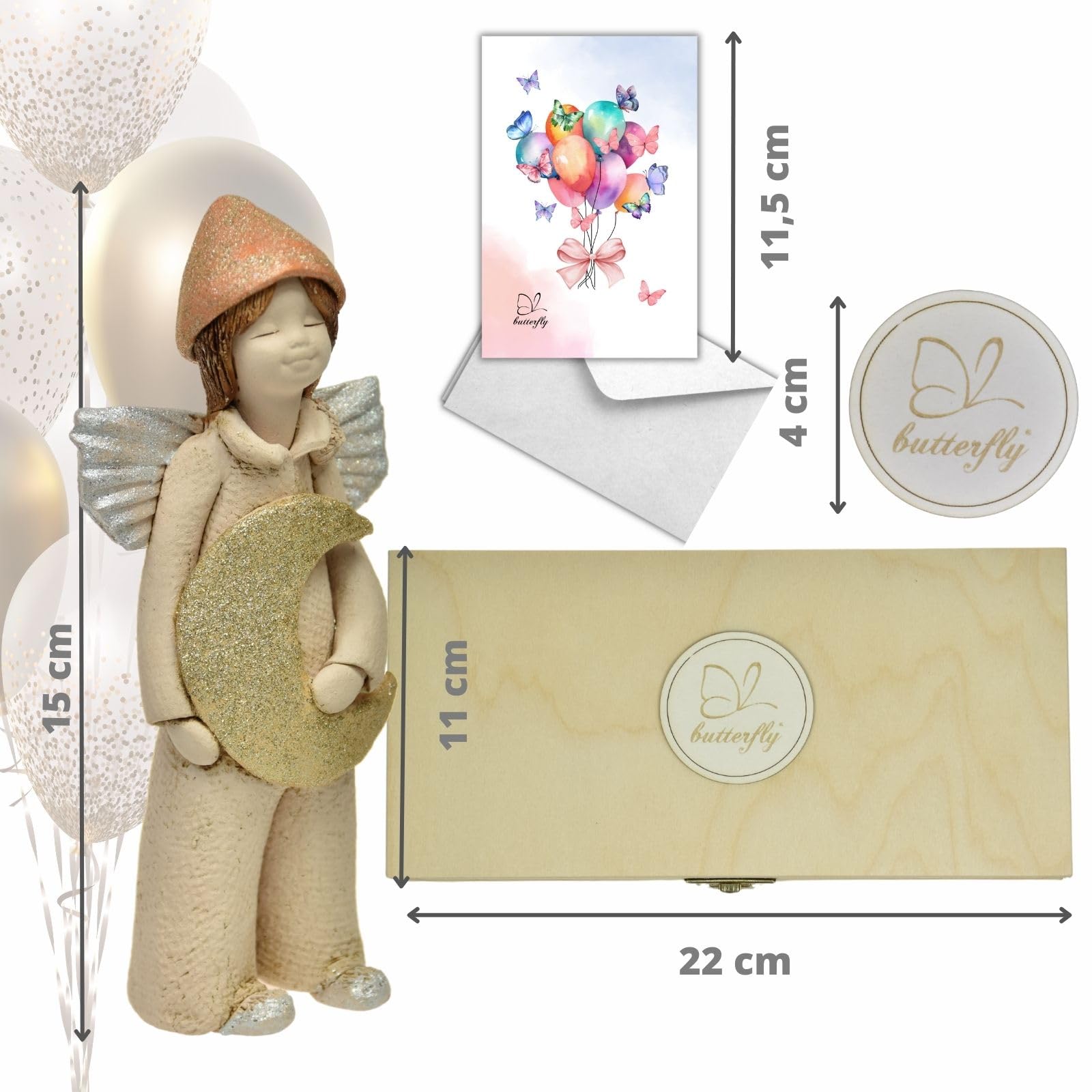Butterfly Figurine Ange Avec Lune - Cadeau Boîte Bois Naturel