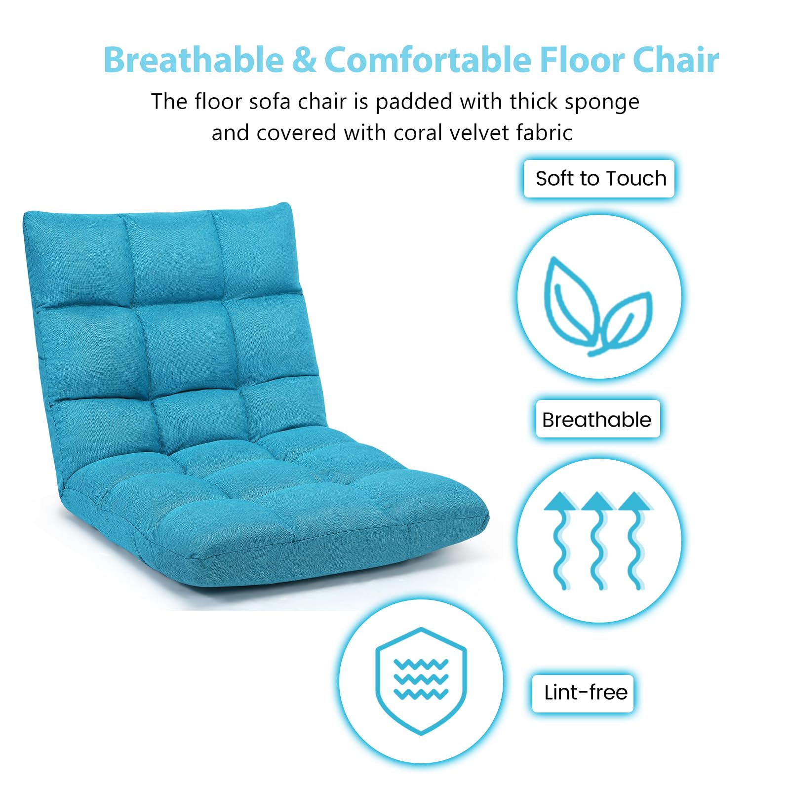 LIFEZEAL Silla de Suelo, sofá Perezoso Individual, Silla de Piso Plegable con 14 Compartimentos, sofá de Suelo con Respaldo Ajustable, Silla de meditación y sillón de Lectura, vellón Coral (Azul)