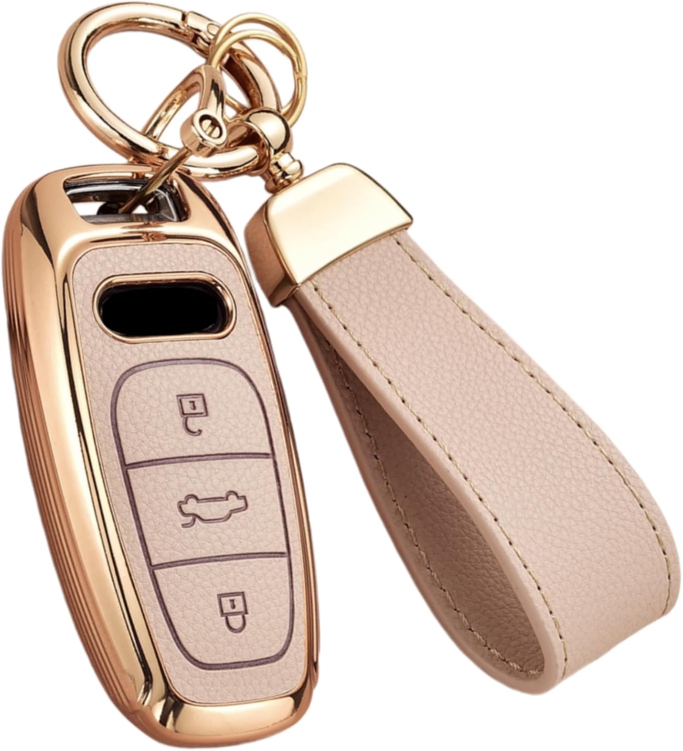 Key Fob Cover for Audi with Key Chain, Upper Leather + Soft TPU Key Cover Case Shell for Audi A3 A6 A7 A8 E-Tron S3 S6 RS6 S7 RS7 Q7 SQ7 Q8 SQ8 (Brown)
