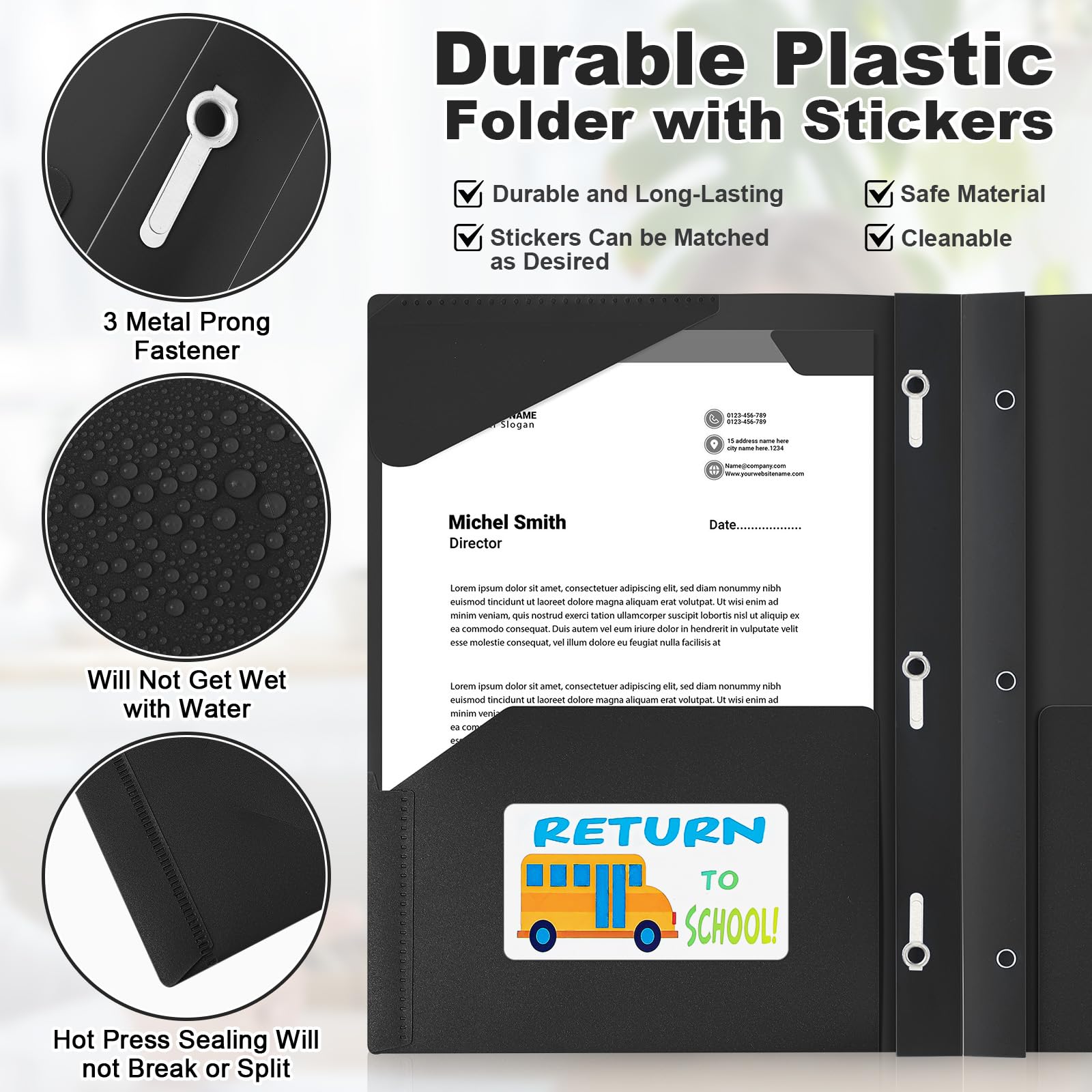 Henoyso Set di 72 cartelle da portare a casa con tasca frontale trasparente, cartelle di comunicazione da scuola a casa, in plastica resistente, per genitori/insegnanti, compiti (nero)