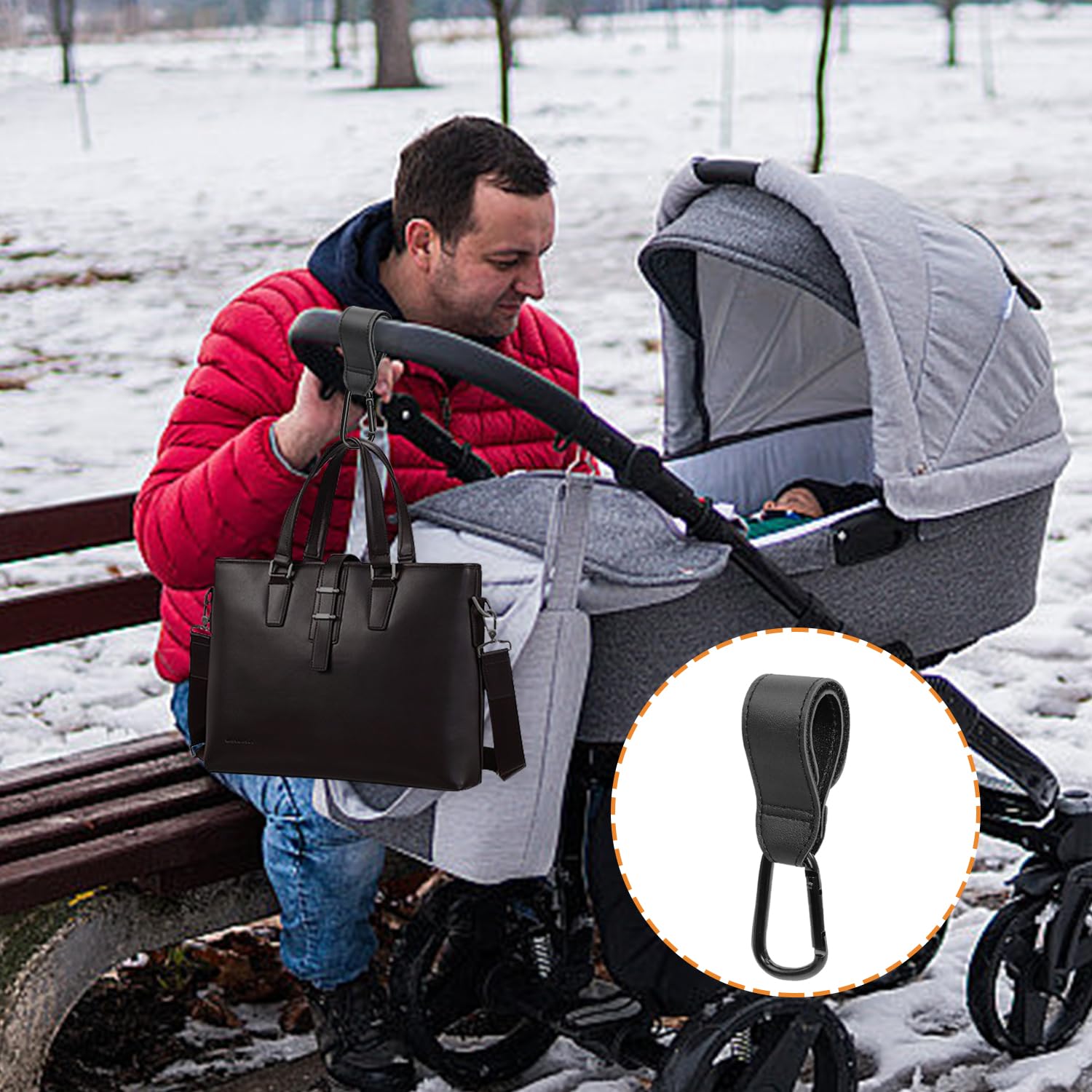 SYEYCW 3 Pcs Black Buggy Clips, Universal Pram Clips for Buggy Leather Pram Hooks for Bags Adjustable Stroller Hooks - Image 4