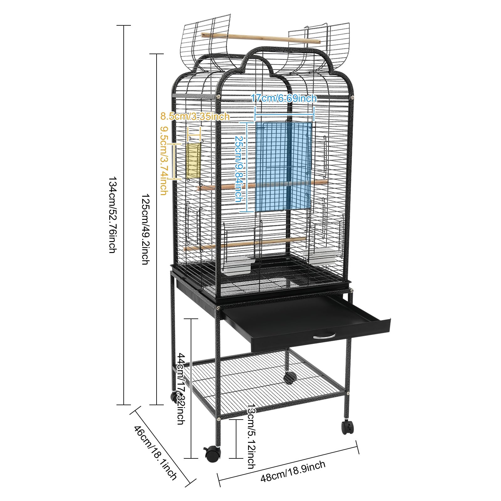 Vogelkäfig Vogelspielzeug Großer Vogelhaus 48x46x134cm | Vogelvoliere Metall Vogelbauer Käfig Vogel Wellensittichkäfig, Käfigspielzeug für Nymphensittiche, Finken, Papageien-Käfig