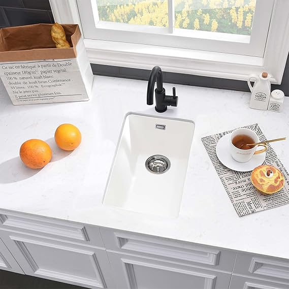 Quartz Kitchen Sink 30x40cm/12x16 in, Composite Inset/Undermount Kitchen Small White Sink Waste Kit,Single Bowl Commercial with Overflow, Suitable for Workstation | Square Kitchen Sink, Granite Sink, White, Modern Built-in Sink Set for 40 cm, 1 Sink with Siphon