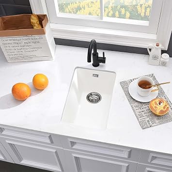 Quartz Kitchen Sink 30x40cm/12x16 in, Composite Inset/Undermount Kitchen Small White Sink Waste Kit,Single Bowl Commercial with Overflow, Suitable for Workstation | Square Kitchen Sink, Granite Sink, White, Modern Built-in Sink Set for 40 cm, 1 Sink with Siphon
