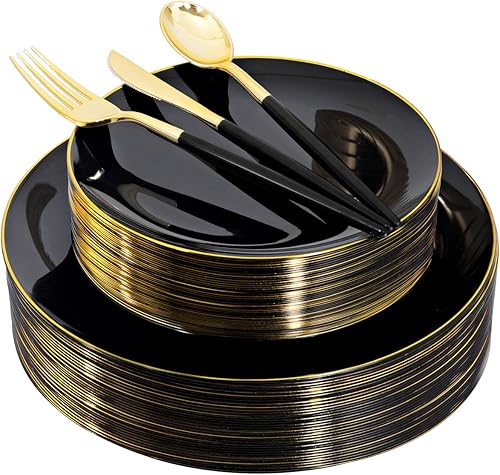 Supernal 350 vajillas de plástico doradas, platos de plástico dorado, cubiertos de plástico dorado preenrollado, platos de plástico dorado y blanco