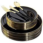 150pcs Black Plastic Plates, Black and Gold Plates,Gold Plastic Silverware,Black and Gold Dinnerware Set,Premiun Taleware,Perfect for Birthday,Party,Wedding,Anniversary