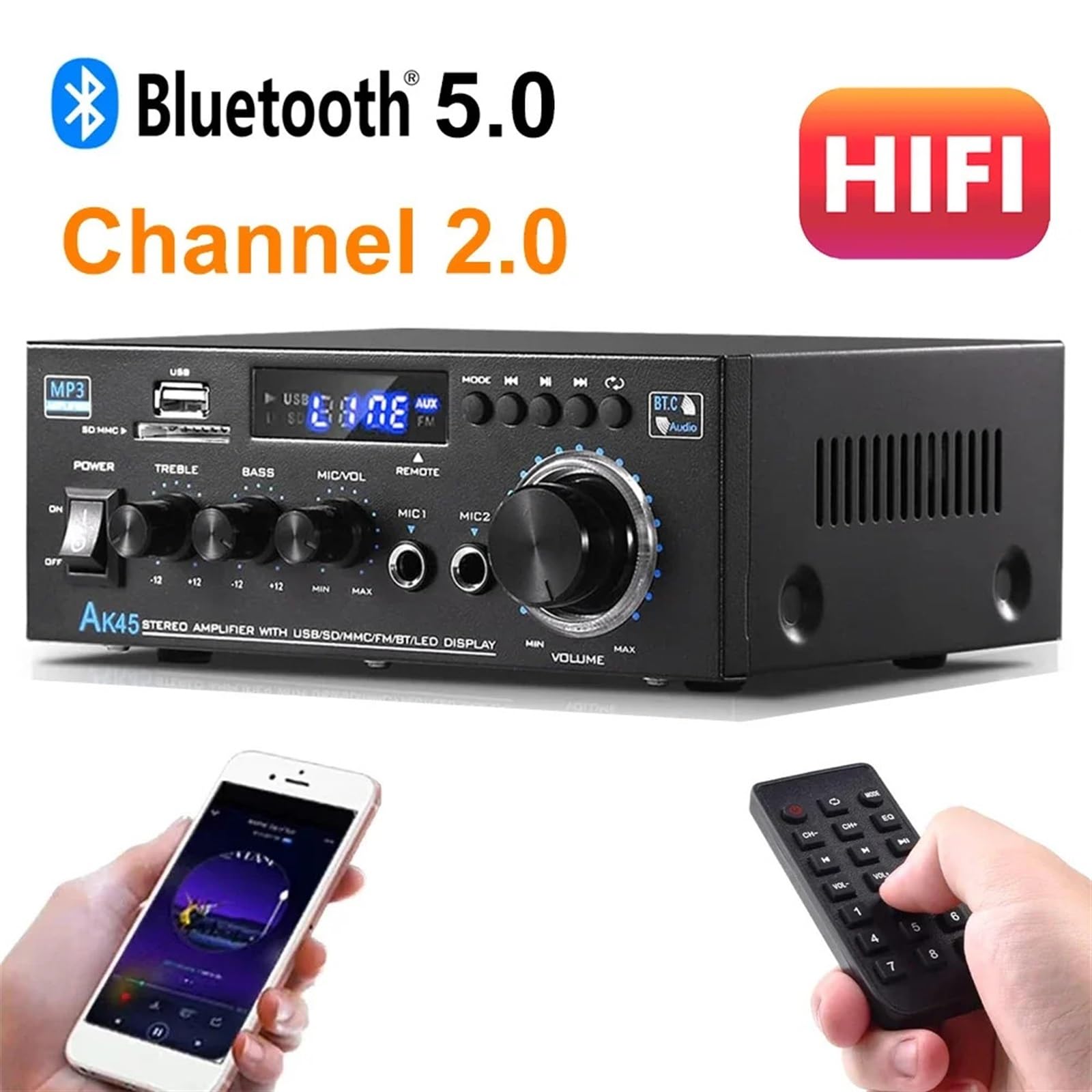 Amplificador, Amplificador DE Potencia AK45 Estéreo HiFi 2,0 Canales Máx. 90Wx2 para Audio De Coche Cine En Casa Alta Eficiencia,para el hogar