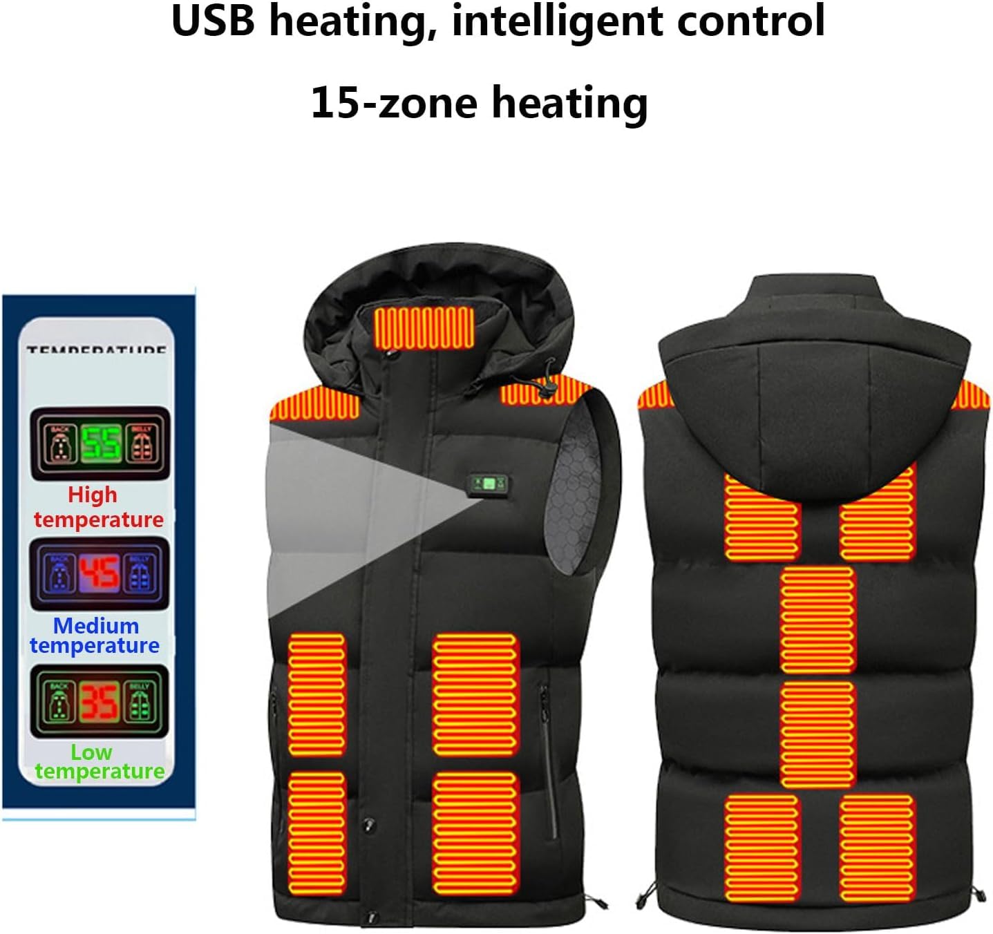 Wärmende Kleidung Beheizbare Weste mit Kapuze, USB-Anschluss, elektrische Bekleidung mit 3 Heizstufen, Winter-Outdoor-Ausrüstung (Nicht im Lieferumfang enthalten)(L(55-62.5kg))
