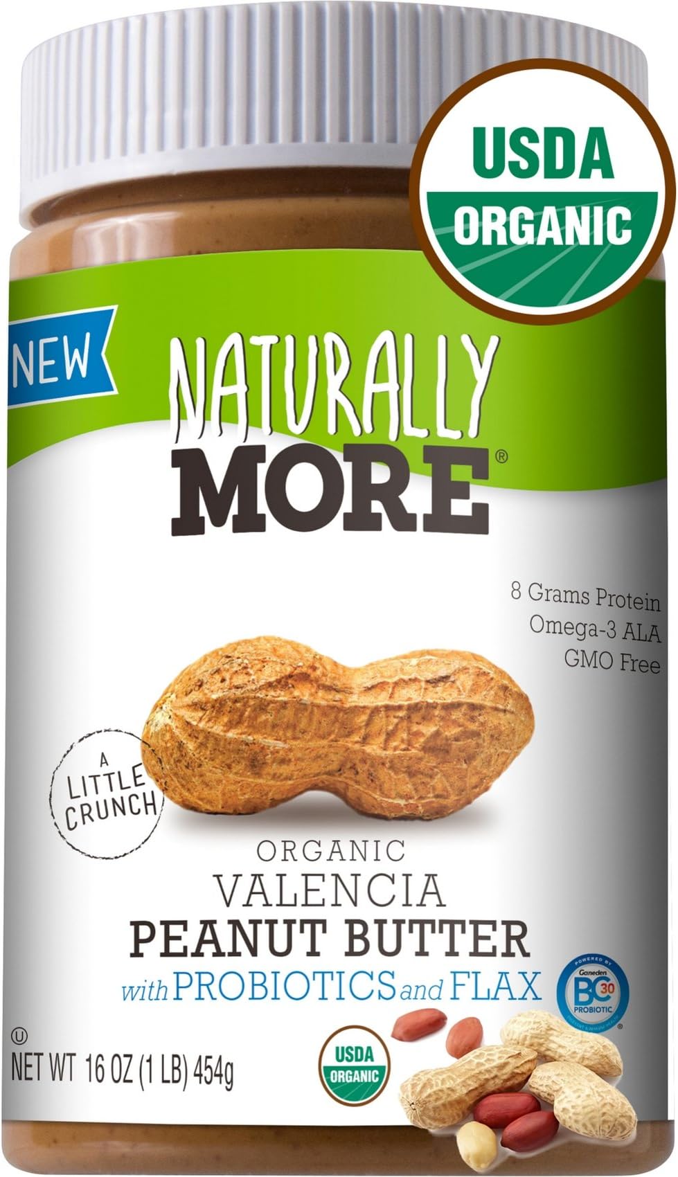 Naturally More 100% Organic Peanut Butter - All Natural Valencia Peanuts - Probiotic Infused-Premium Roasted Peanut Taste-Heart Healthy Flax - Vegan - Gluten Free - Plant Based 16oz