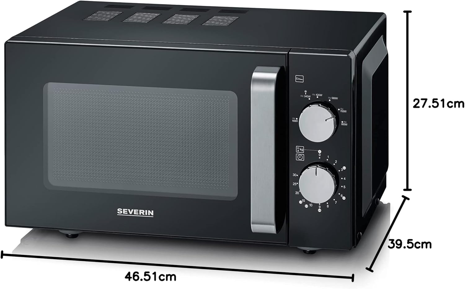 Diagram showing the dimensions of the SEVERIN MW 7761 microwave oven: 46.51 cm width, 39.5 cm depth, 27.51 cm height.