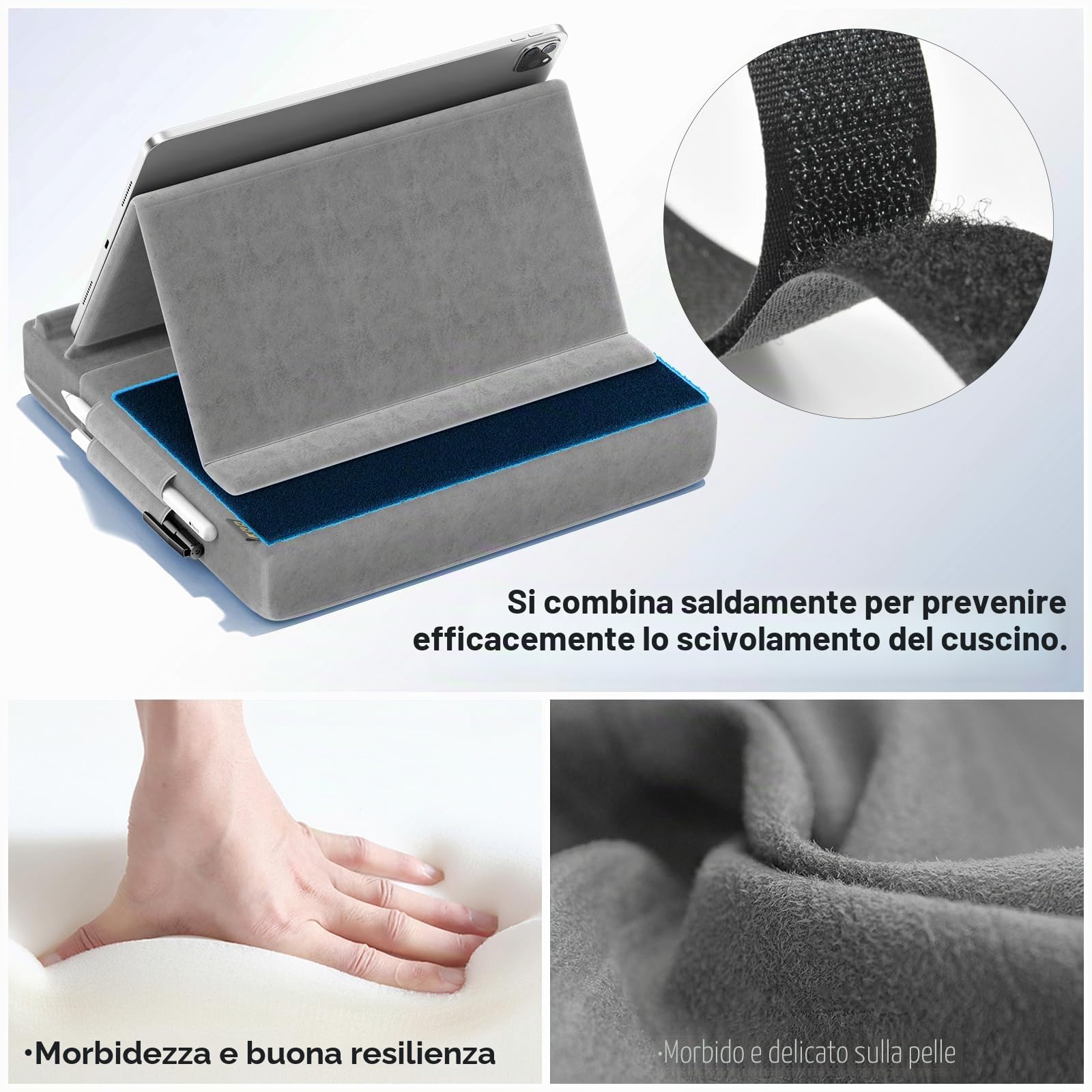 KDD Cuscino Supporto Multiangolare per iPad Tablet con Porta Stilo, Compatibile con iPad Pro 12.9 Mini Telefoni Libri Grigio