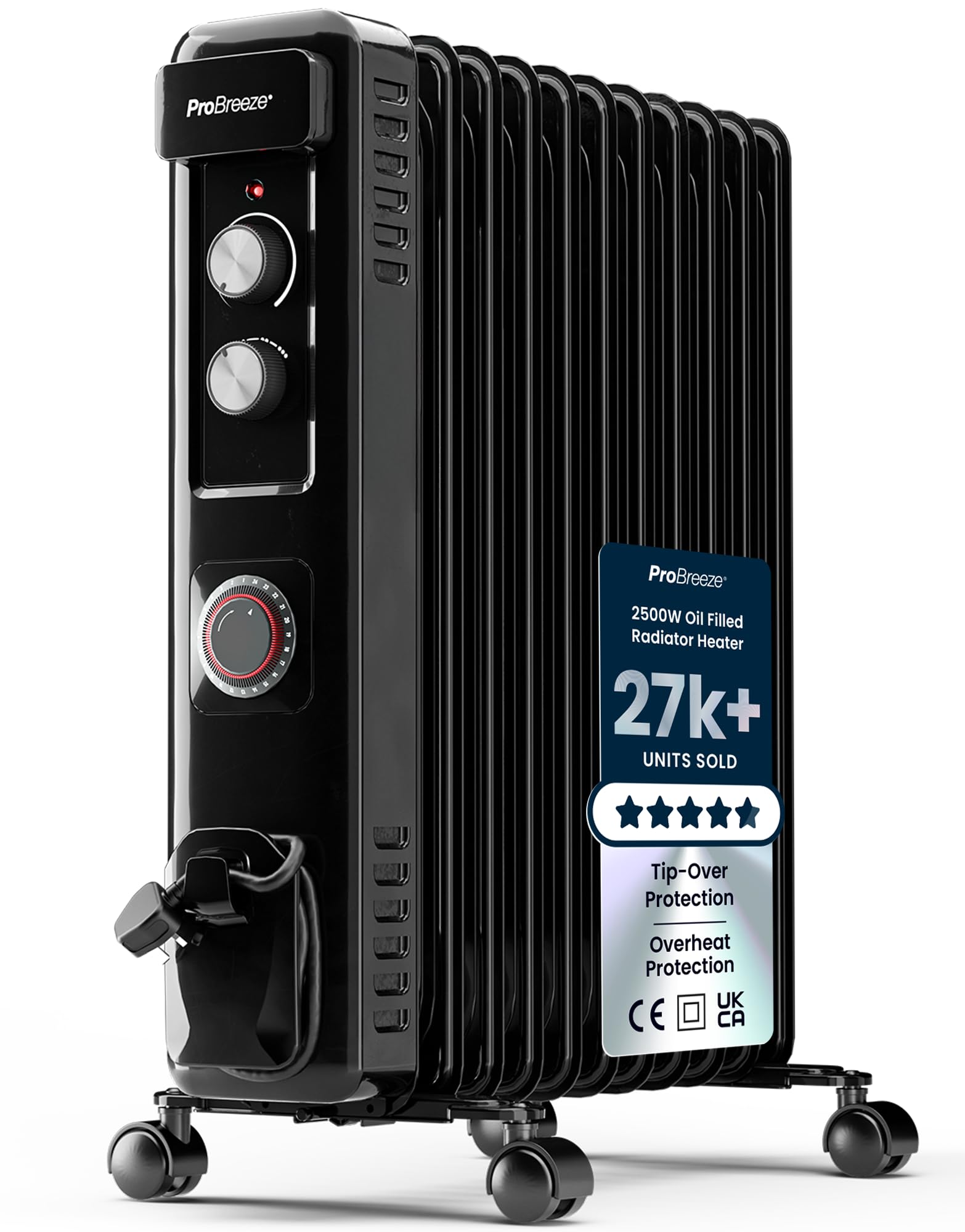 Pro Breeze® Oil Filled Radiator with 11 Fins - Slim Electric Radiator - Portable Oil Heater with Built-in 24 Hour Timer, 3 Heat Settings, Adjustable Thermostat & Safety Cut-Off - Black