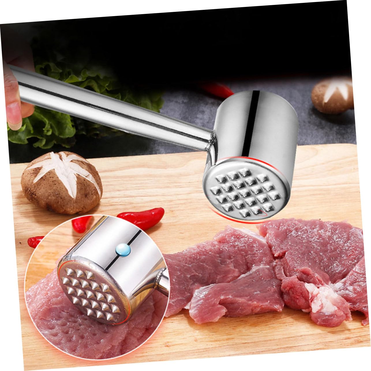 2 Stück Teiliges Fleischklopfer Edelstahl mit Langem Rutschfestem Griff Langlebig und Vielseitig für Steak Schweine Rindfleisch Effektives Zartmachen und Küchenhilfe