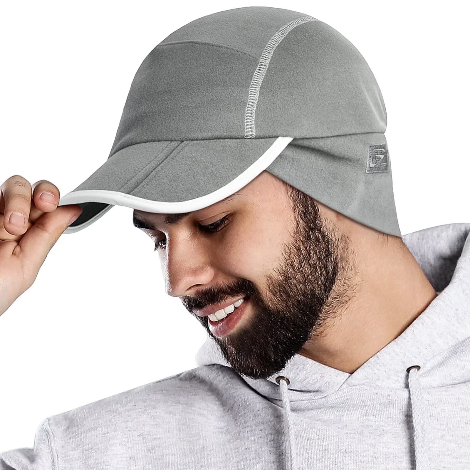 GADIEMKENSD Fleece Ball Cap with Drop Down Ear Warmer Foldable Brim Reflective Winter Running Hats for Women Mens Baseball Cap Earflap Cover for Outdoor Hunting Hiking Golf Snow Ski Unisex Light Gray