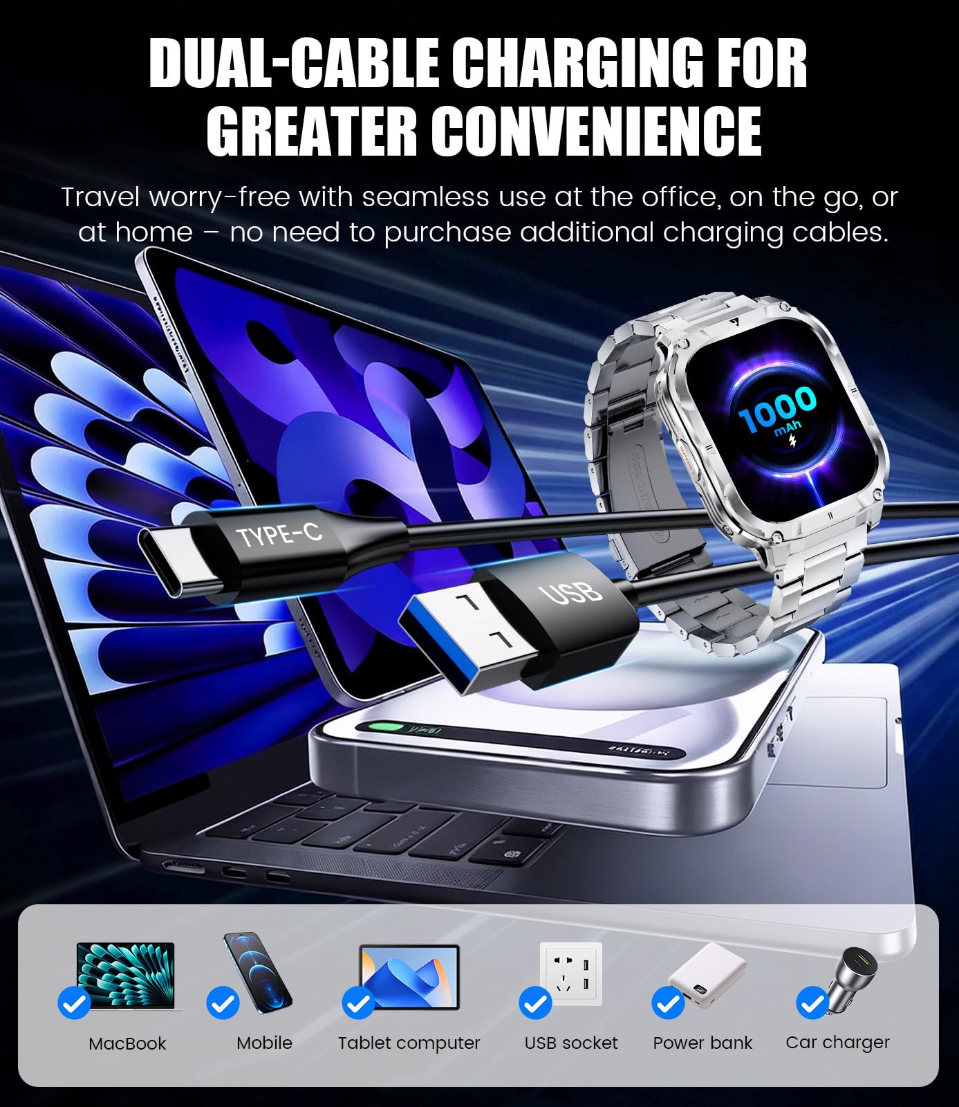 Smartwatch Uomo Militare con Chiamate Bluetooth, Notifica, 2,0"HD Display/Torcia/1000 mAh, 2 Cavi di Ricarica, 100+ Modalità Sportive Fitness Tracker Compatibile Android e iOS, IP68, Argento