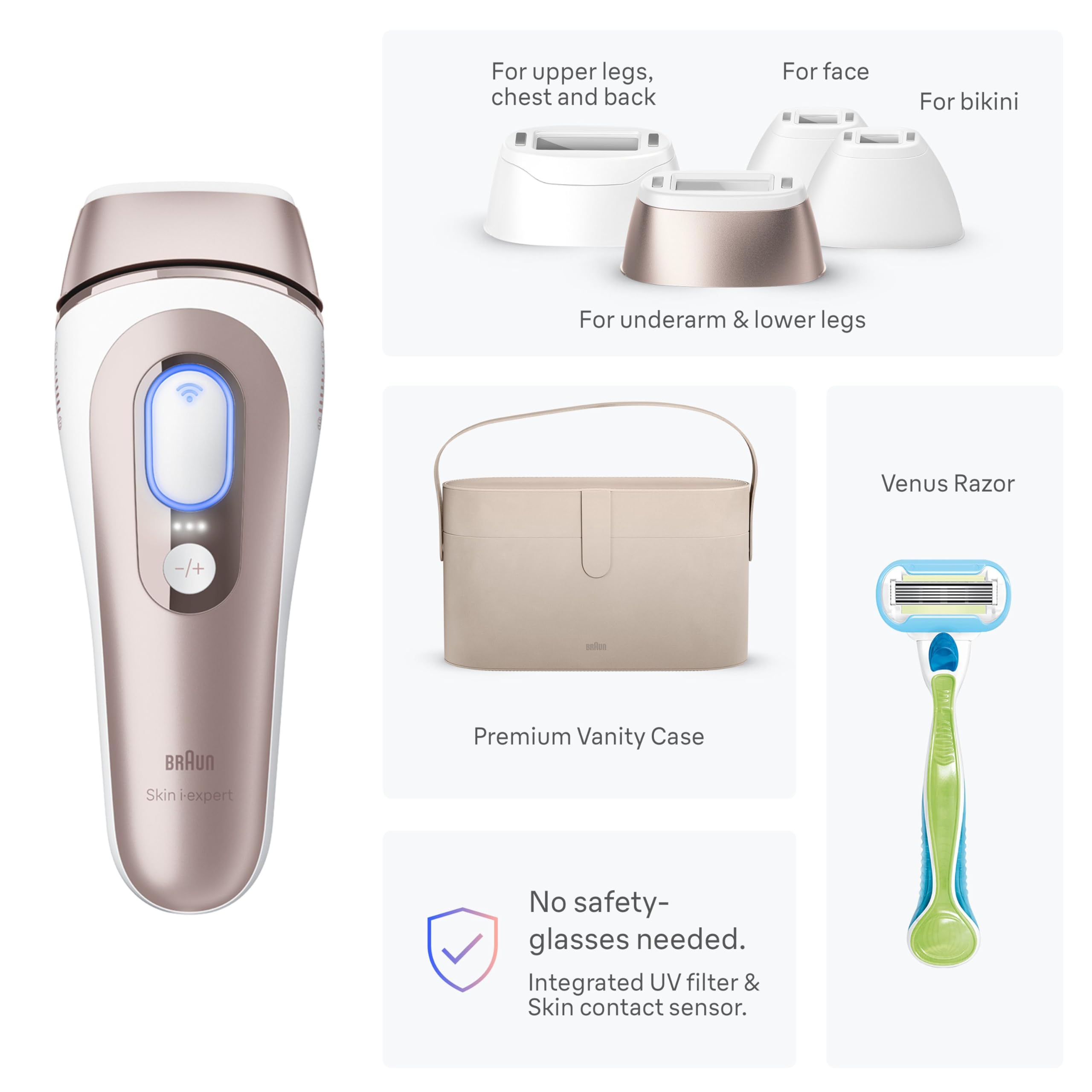 Braun Smart IPL, Skin i·Expert Pro 7, VOGUE's Best Hair Removal Device, IPL Hair Removal for Women and Men, Permanent Laser Hair Reduction At-Home, World's 1st Smart App, 4 Heads, IPL7387: White/Bronze