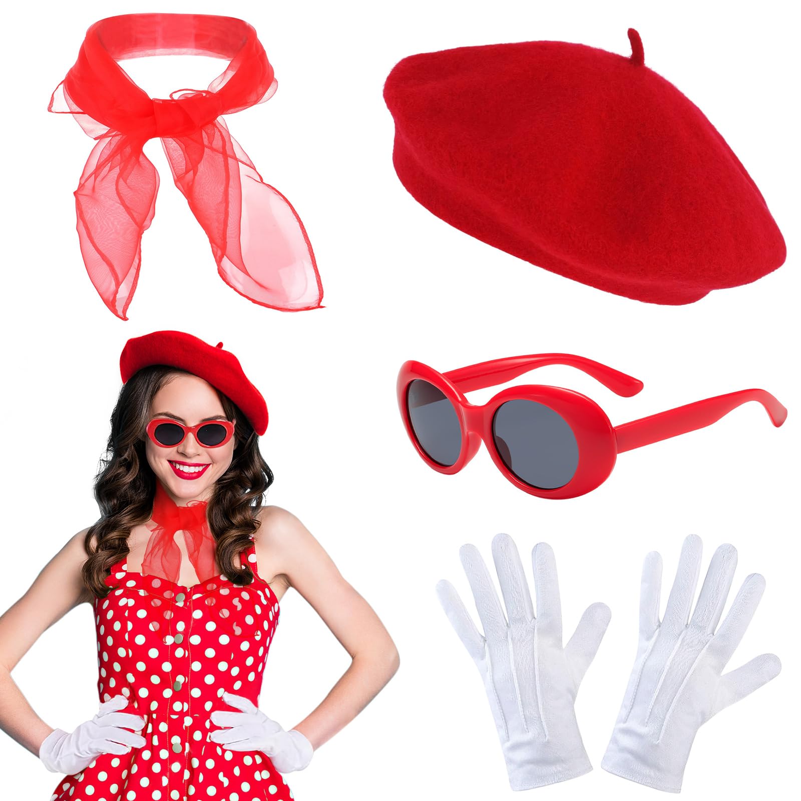 French Costume Accessories for Women Red Beret Scarf Sunglasses Gloves Set Vintage French Theme Party Parisian Cosplay Costume