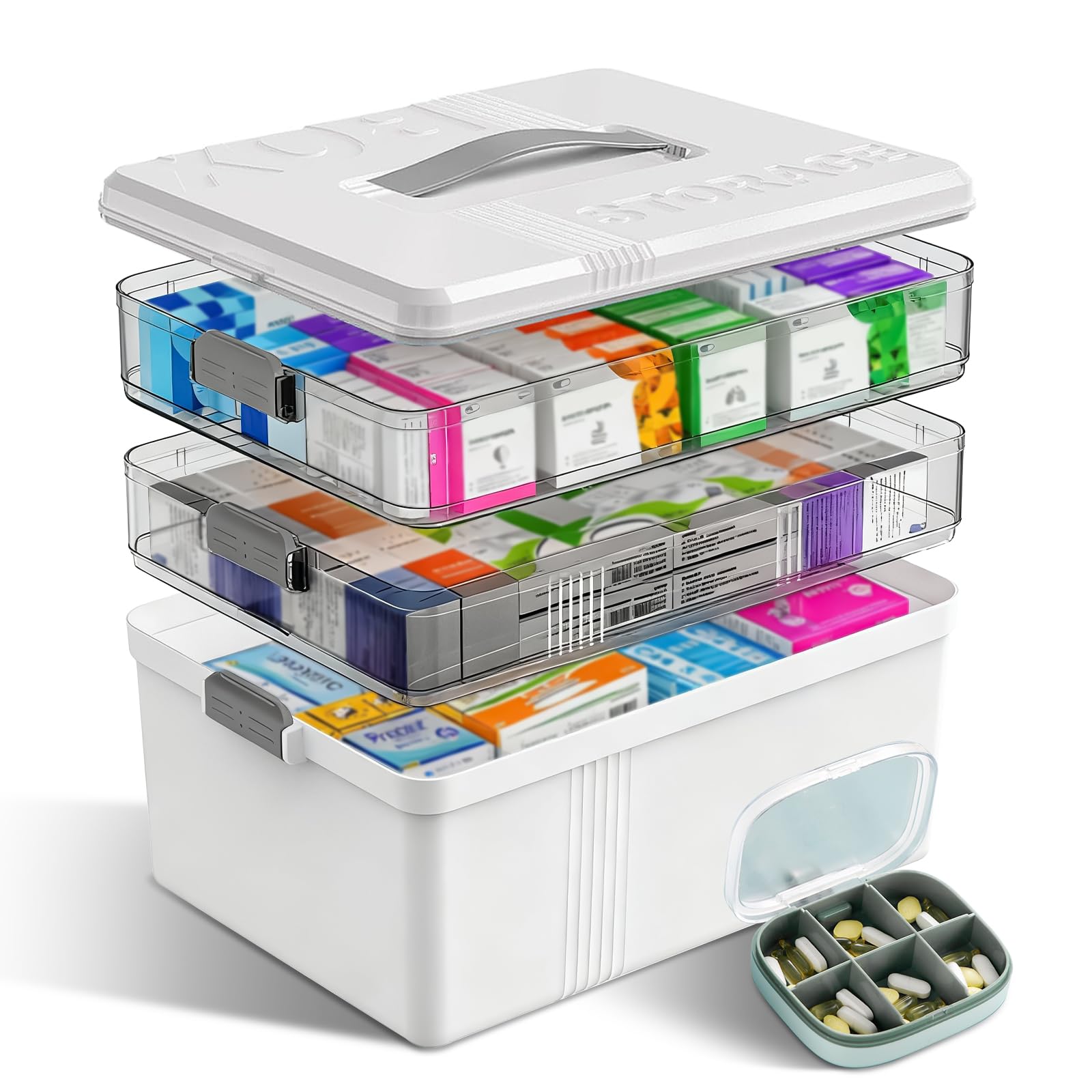 Starward 3-Stöckige Medizin Organizer Box, Groß Medikamentenbox | Medizinbox mit Tragegriff Hausapotheke Box, Notfallbox mit Einem Medikamentendöschen