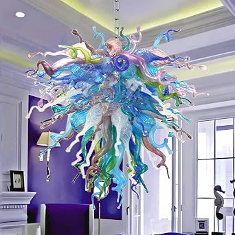 28 Inch Vintage Unique Blown Glass Chandelier with Glass Shades Art Deco Ceiling Light Fixture Hand Multicolor Purple Blue White Hanging Lamp Adjustable Design Dining Room Elegant Decor