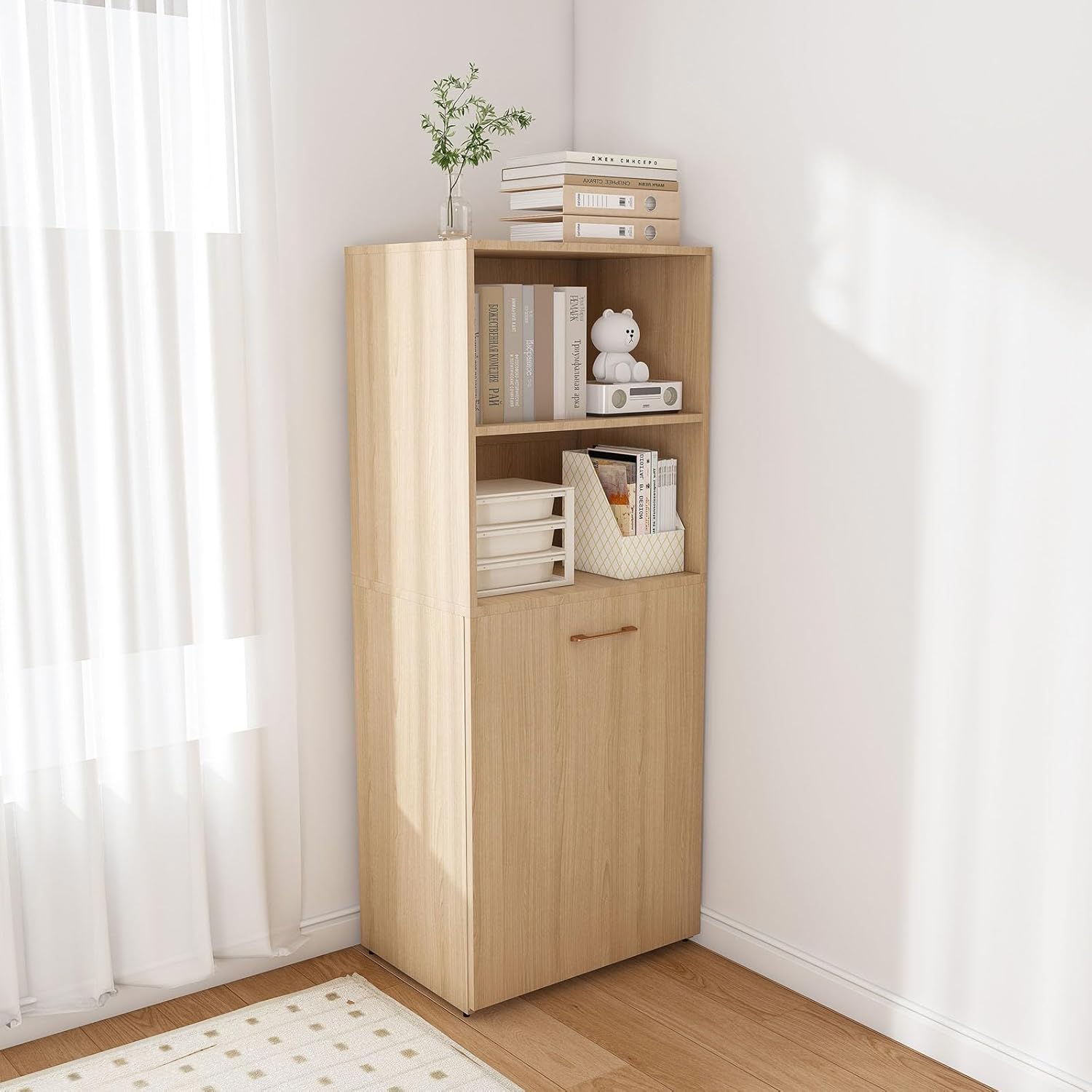 Fold Out Desk with Storage Shelves & Mobile Wheels, Convertible Pull-Out Murphy Desk for Small Spaces | Hidden Writing Computer Desks for Home Office, Apartment & Bedroom(Natural Wood)