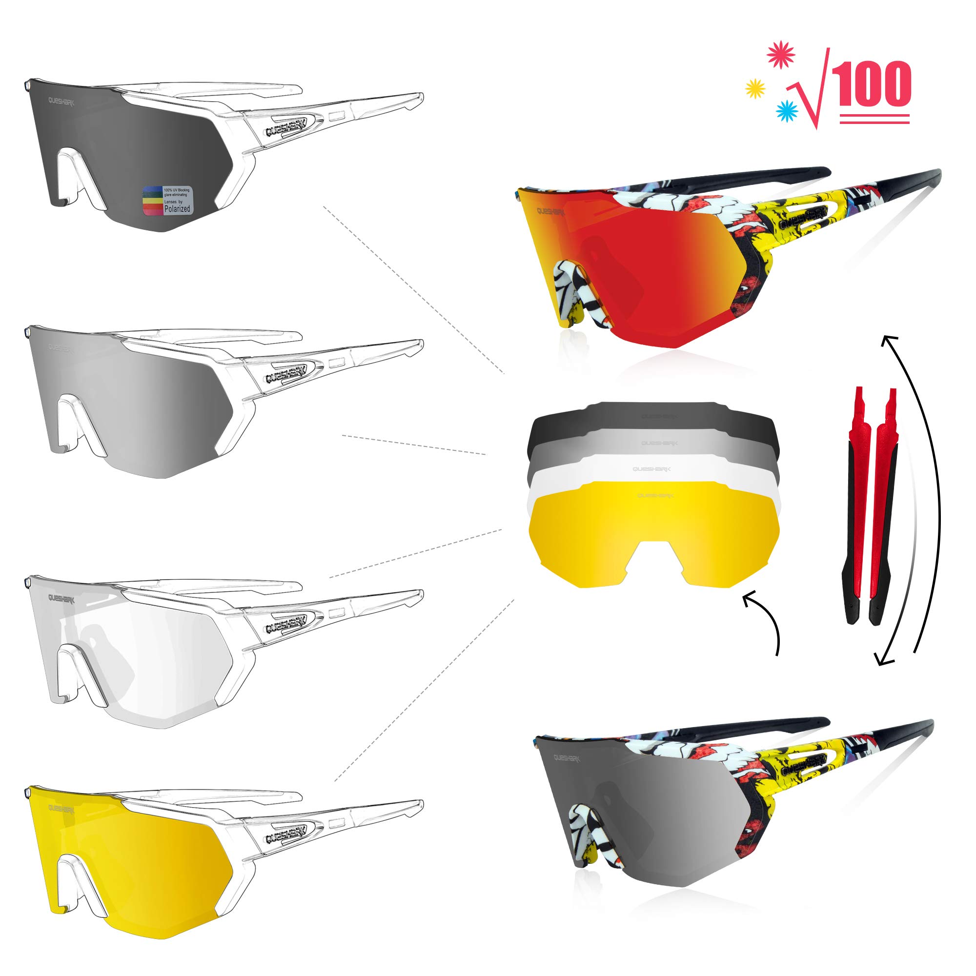 Queshark Polarizzati Anti-UV con 3 o 5 Lenti Occhiali da Ciclismo Bici MTB Intercambiabili per Sport Uomo Donna Guida Pesca Golf Baseball Corsa