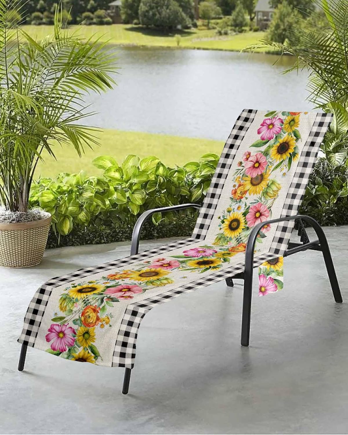 Vintage Black Plaid Beach Pool Patio Lounge Chaise Chair Cover Towel With Pockets,Absorbent & Quick Dry Microfiber Towel Cover Bag Summer Sunbathing Accessories Spring Flower Floral Summer Green Plant