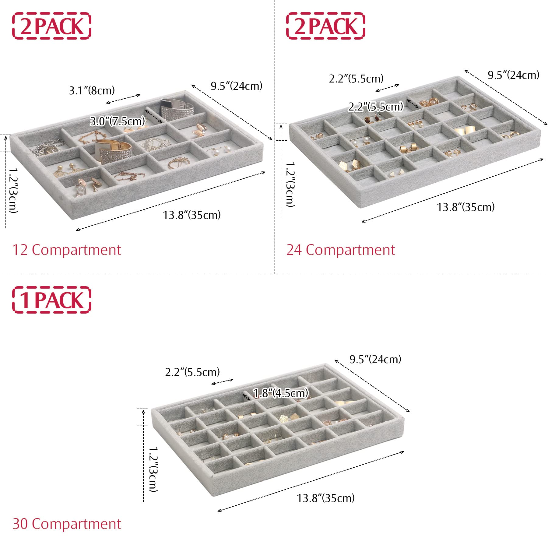 Bieiyhe 4 Pezzi Organizer Gioielli da Cassetto, Vassoio Portagioielli Velluto, Organizzatore Gioielli Impilabili, Portaorecchini da Cassetto, Divisori per Cassetti Gioielli, Espositore Gioielli Grigio