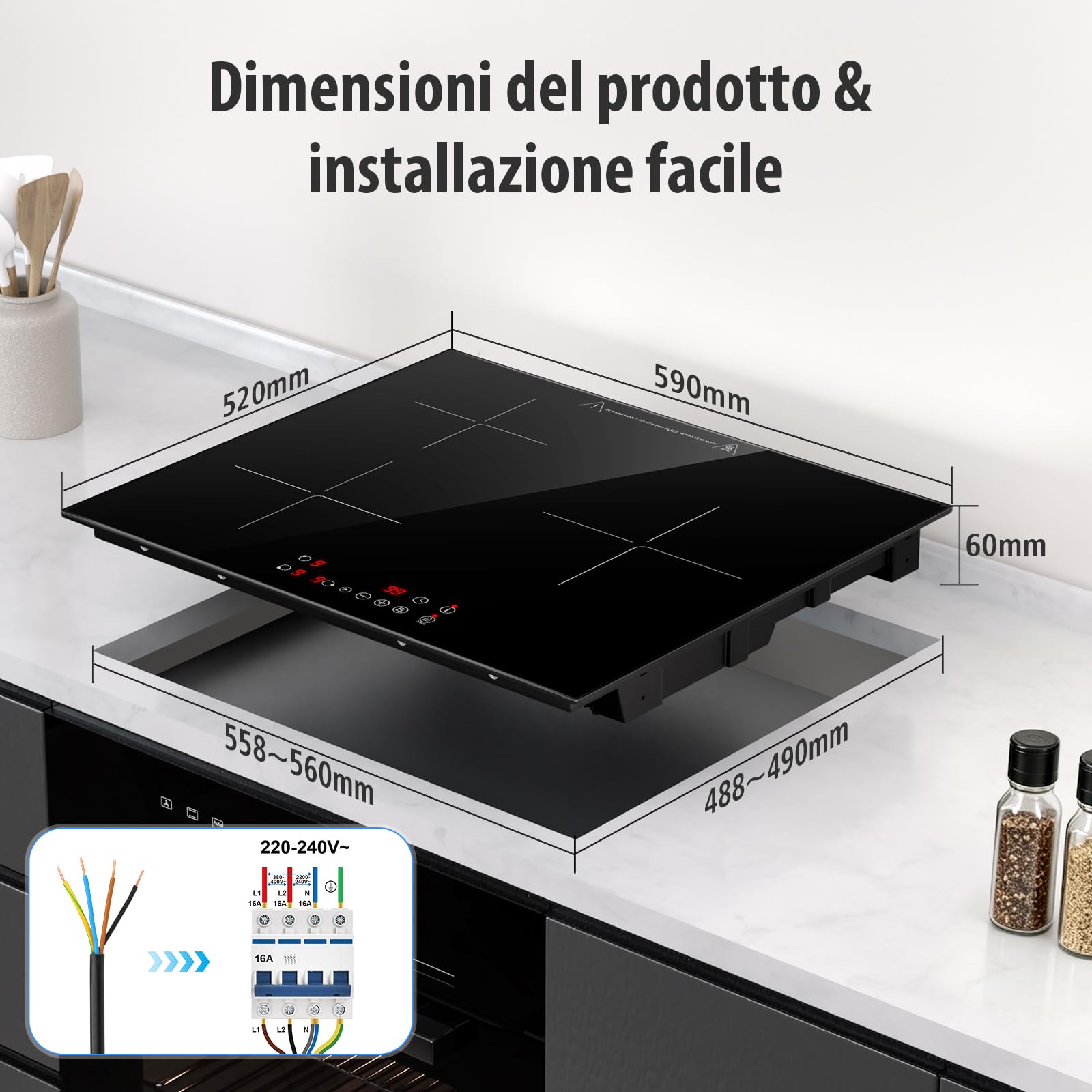 Piano Cottura Induzione 3 Fuochi 6800W Incasso 60cm