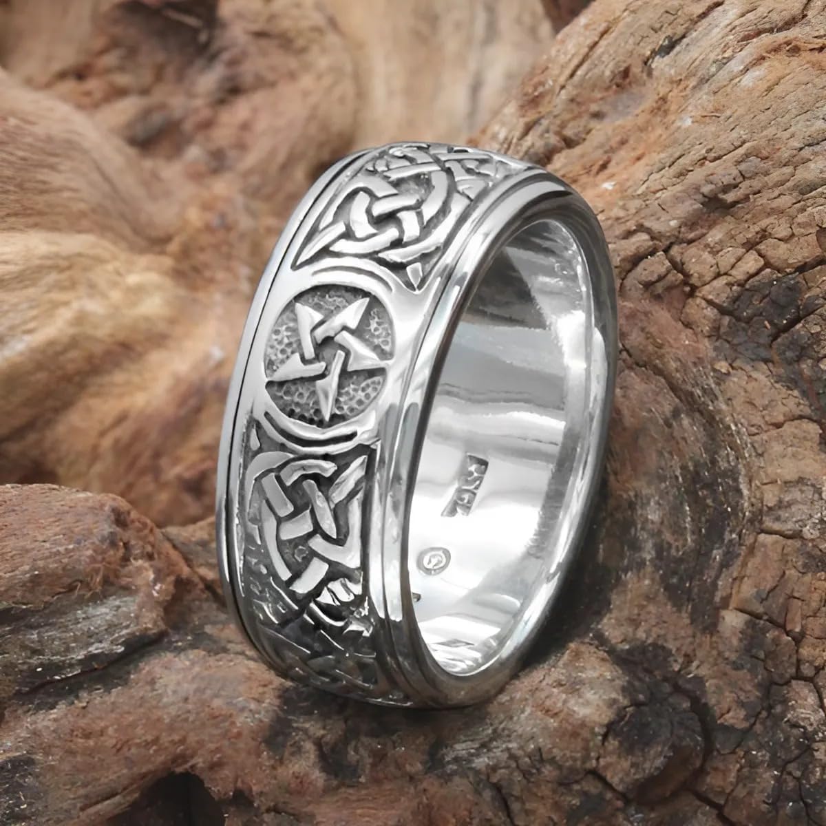Moonlight Mysteries Sterling Silver Celtic Knot Pentacle Spinner Worry Ring Wicca Pagan Stress and Anxiety Relief Jewelry (Sizes 4-15)