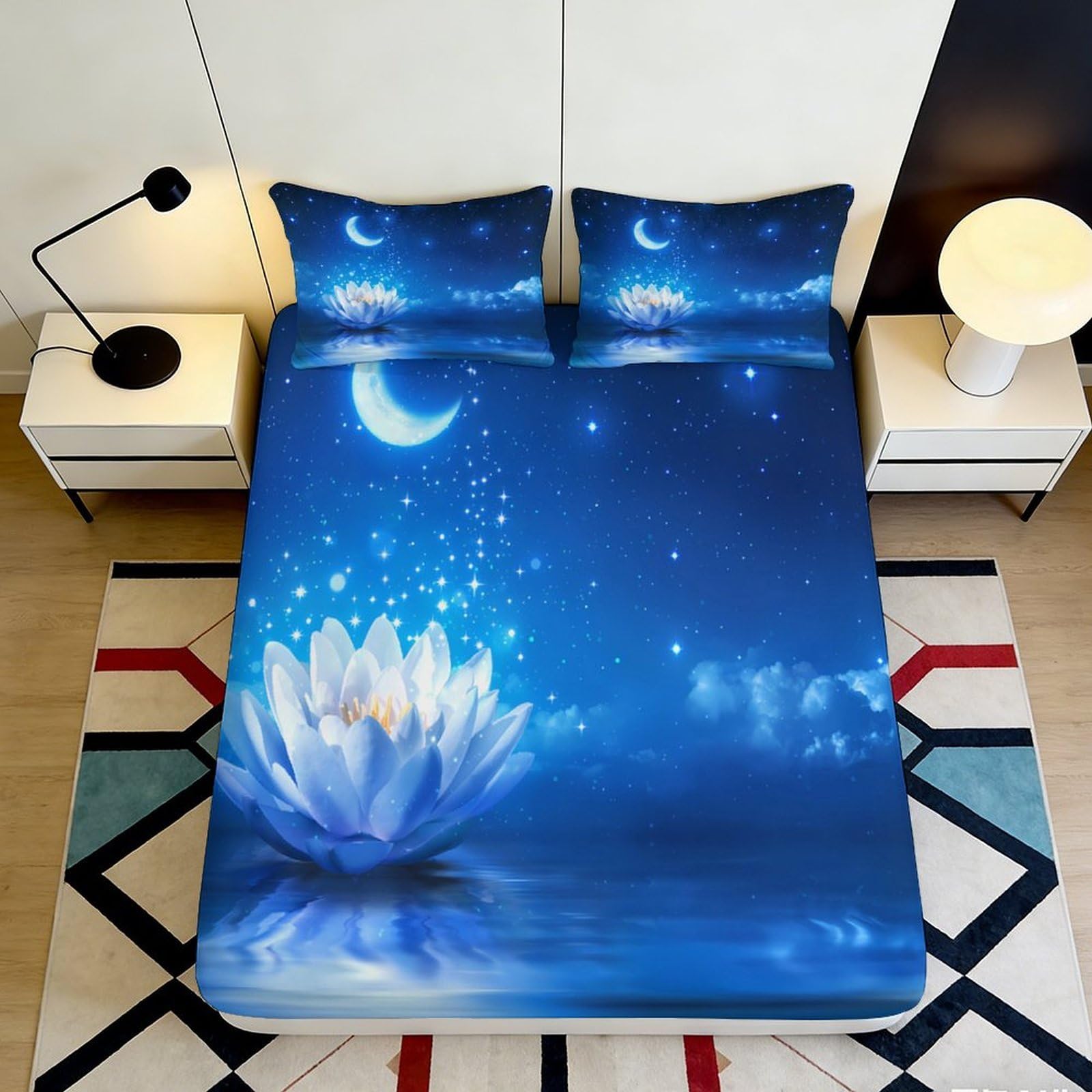 3D Printed Starry Night Fitted Sheet Microfiber Soft Breathable Moonlight Bed Cover for Bedroom Guest Room Dormitory Mattress Protection Decoration 180x200x25cm