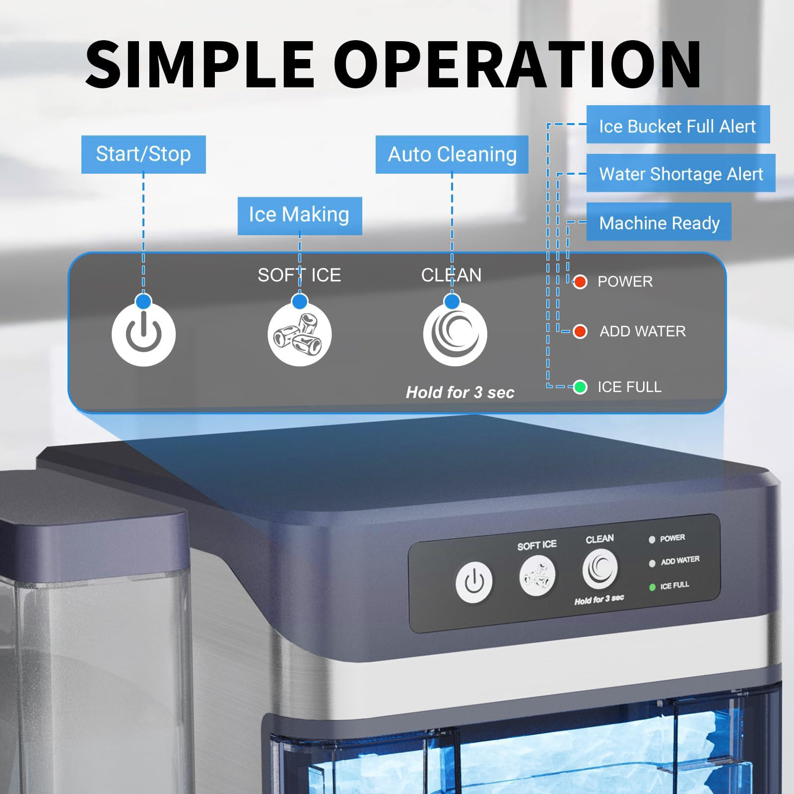 Chewable Crunchable Countertop Nugget Ice Maker, Large Capacity Ice Makers Countertop, 37.5lbs in 24 Hours, Self-Cleaning, One-Click Ope-Ration, Stainless Steel, Silver Gray WithoutSideWaterTank on Fridge.com