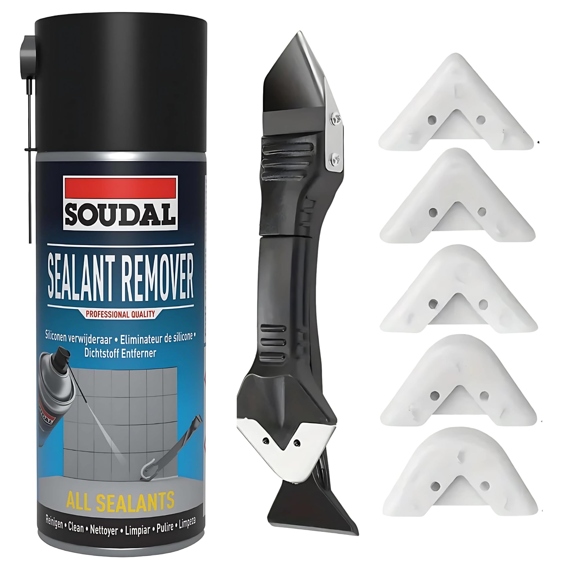 Sealant Remover Bundle with Soudal Sealant Remover 400ml & Caulk Tool, Solvent Cleaner for Bathroom, Kitchen, Windows Removes Cured Silicone, Mastic & Residue