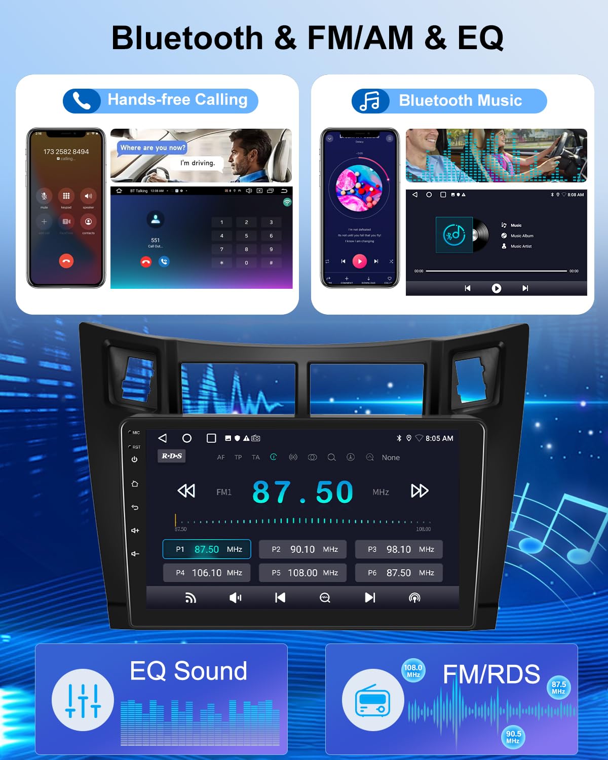 NHOPEEW 2G+64G Android Autoradio per Toyota Yaris 2005-2011 - Senza fili Carplay e Android Auto - 9 pollici Stereo con WiFi GPS FM RDS + Telecamera posteriore&Mic