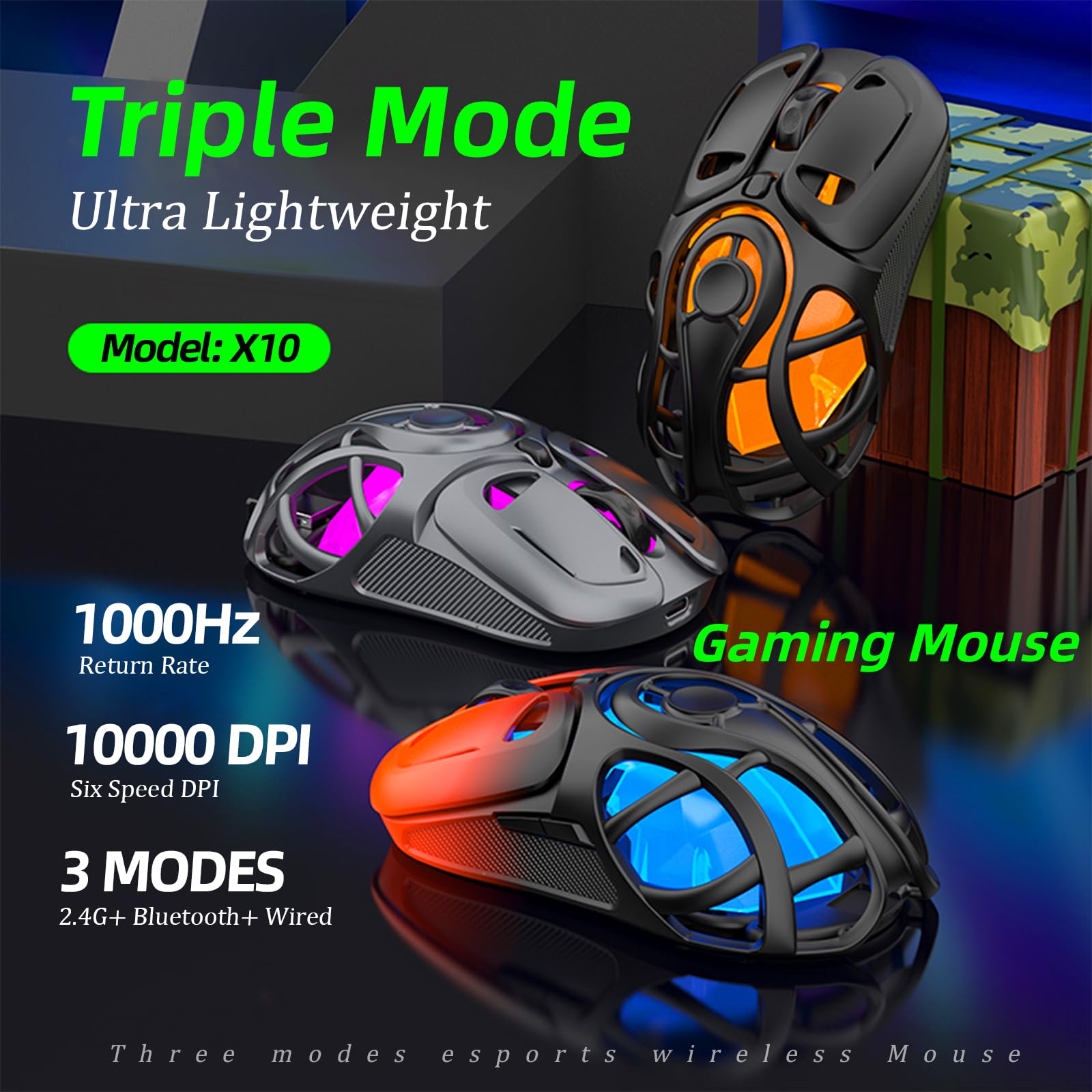 Mouse da gioco wireless fino a 10K DPI, mouse wireless Tri-Mode 2.4G/BT5.0/USB-C, 7 pulsanti programmabili, retroilluminazione RGB, mouse ergonomico ricaricabile per PC, Mac/laptop (arancione sfumato)
