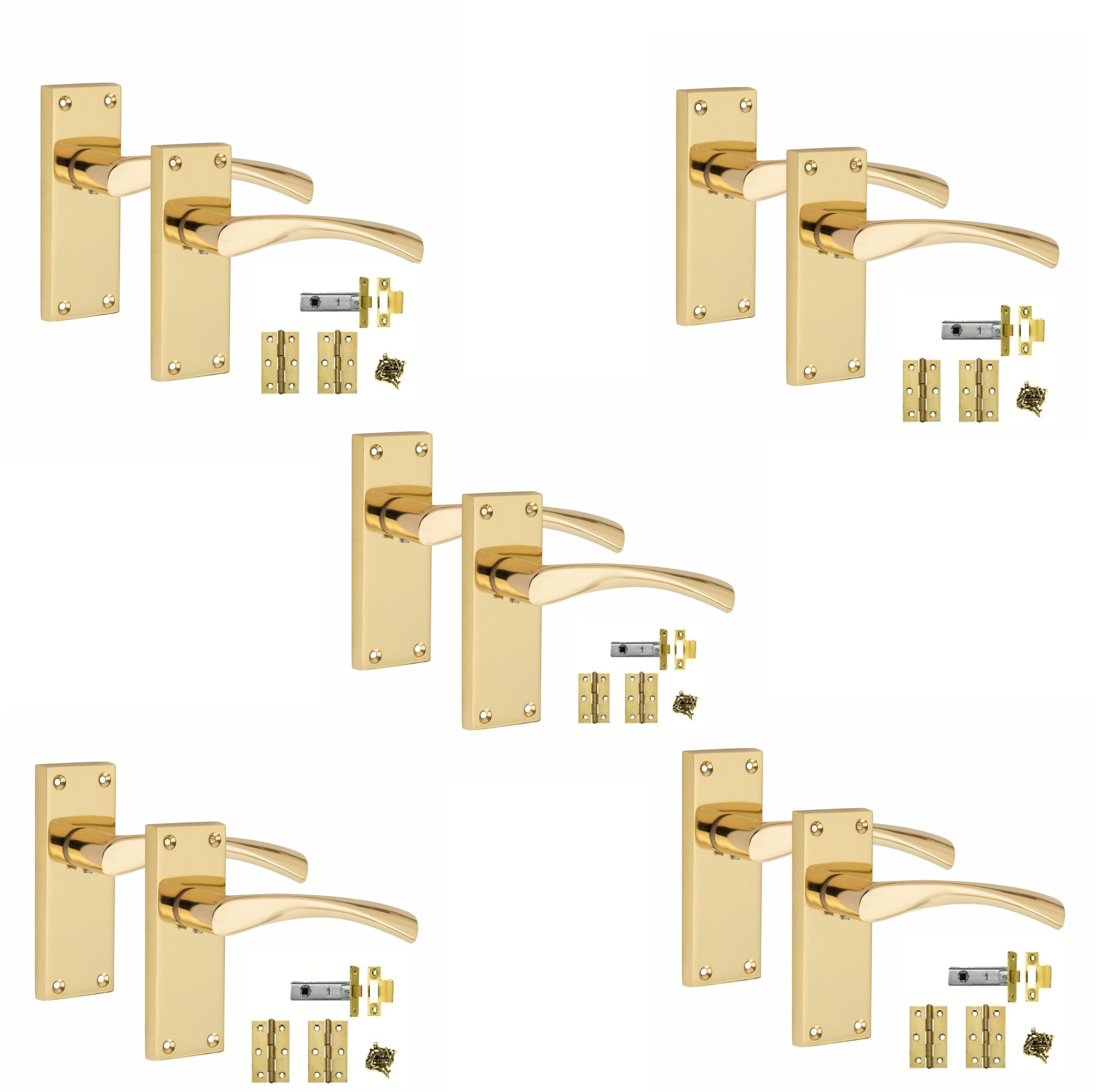 Golden Grace Victorian Scroll Astrid Door Handles Latch in Polished Brass with 1 Pair of 3" Standard Butt Hinges & Latches Pack, 5 Sets - 120mm x 40mm Backplate