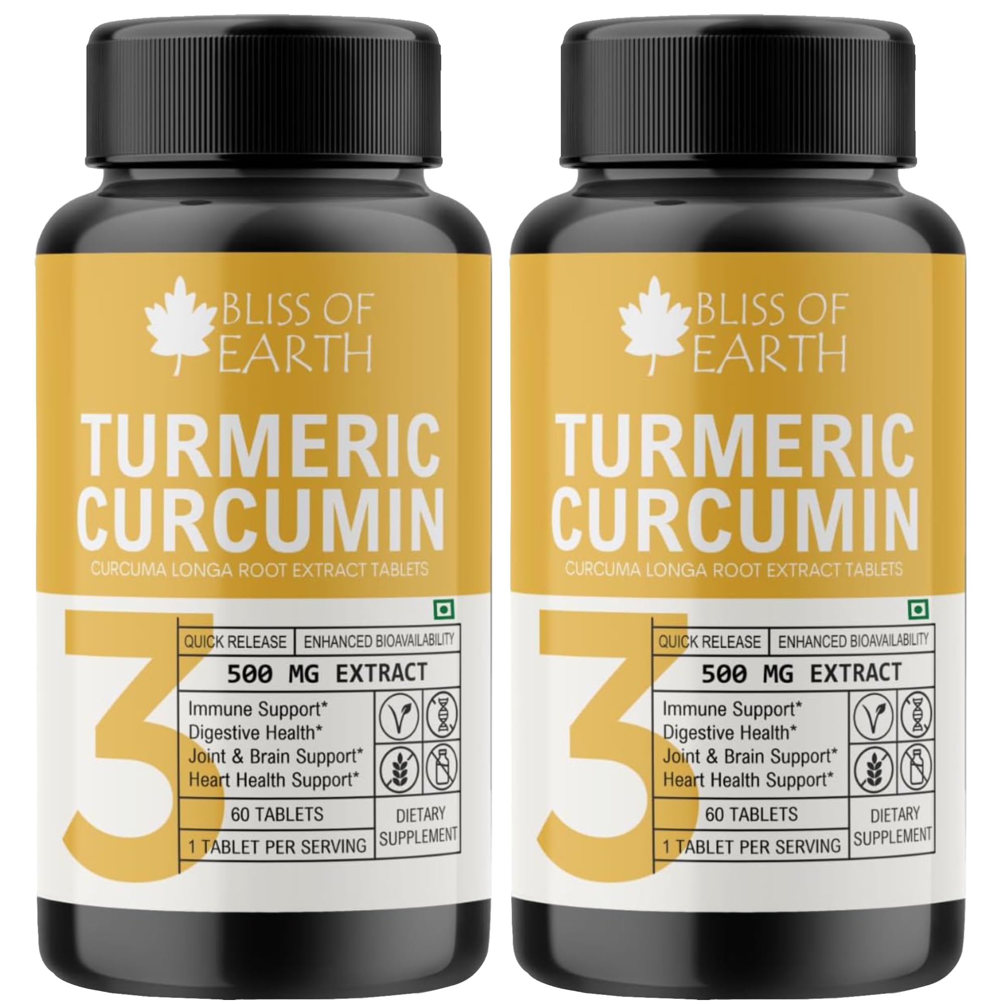 "Bliss of Earth Turmeric Curcumin Tablets 500mg – High Potency Curcumin Supplement with Turmeric Extract, Non-GMO, Gluten-Free, Quick Release, 60 Tablets, Herbal Wellness Support (Pack Of 2)