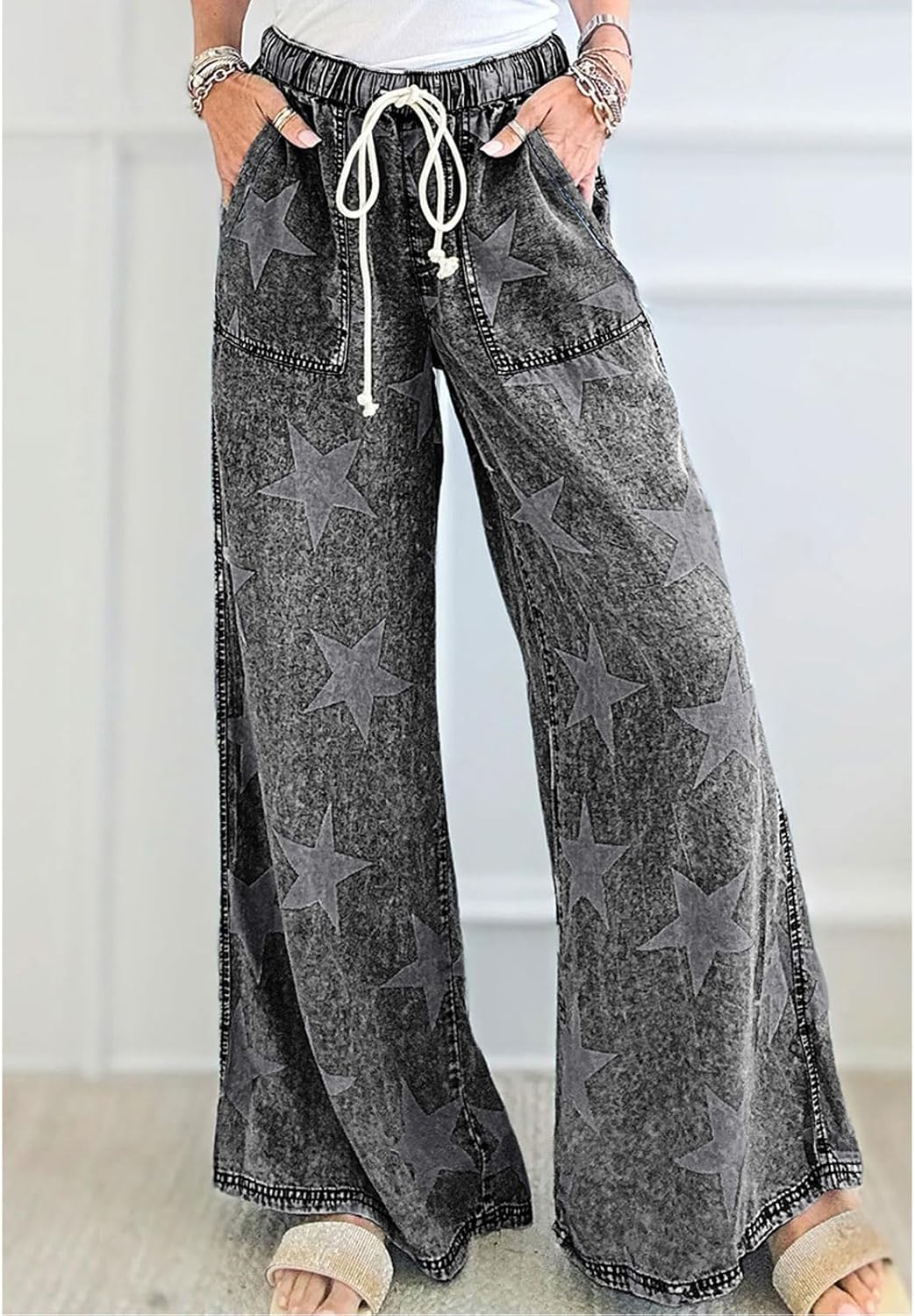 CHARTOU Women Baggy Wide Leg Drawstring Jeans Flare Elastic High Waist Star Printed Jeans Loose Denim Pants - Image 2