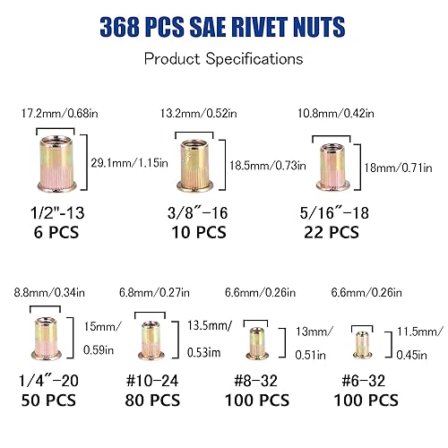 Miniatura 2 de Kit de tuercas remachadoras SAE y métricas, JROUTH 812 piezas de acero al carbono y surtido Nutsert, tamaños 6-32 8-32 10-24 14"-20 38"-16 516"-18
