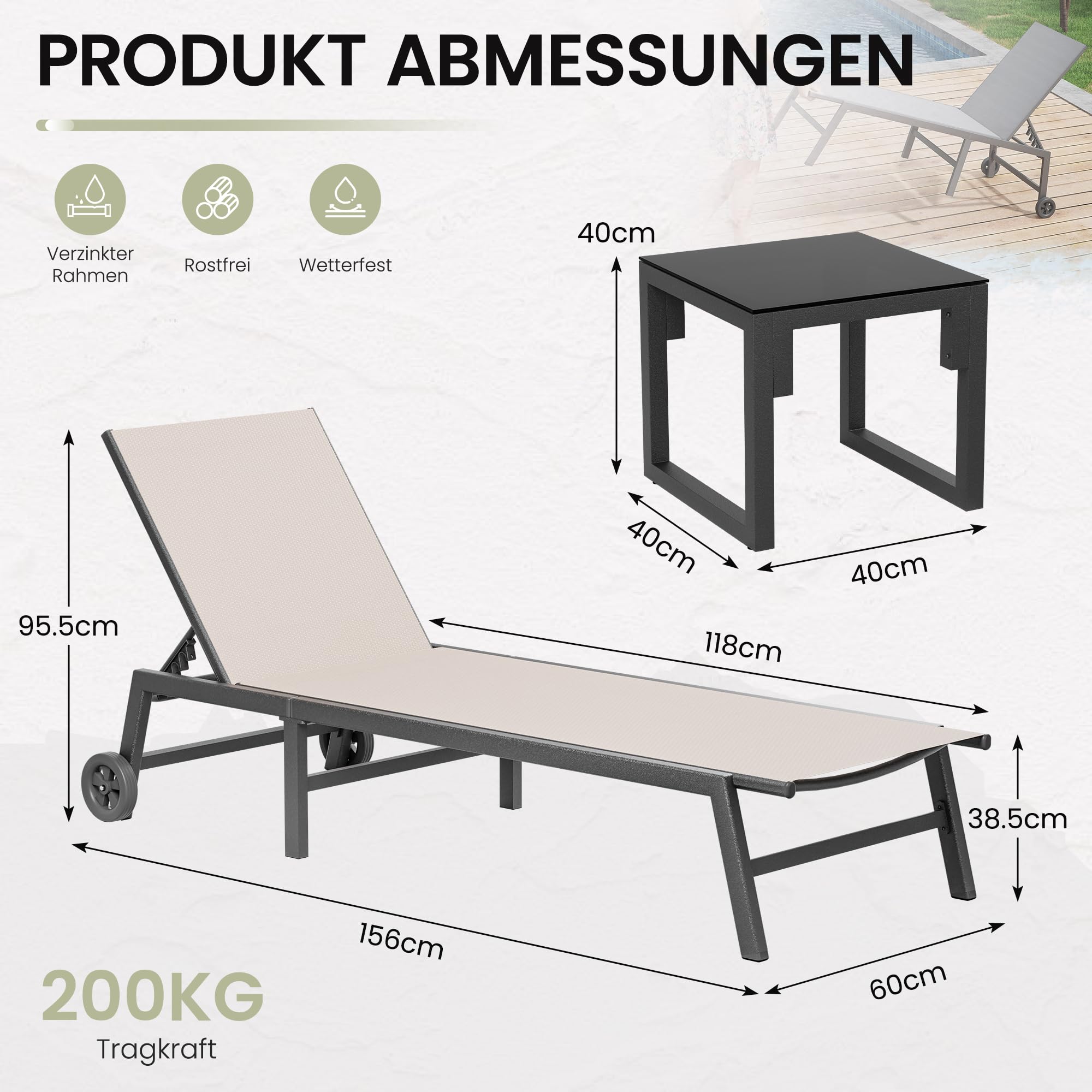 UDPATIO Sonnenliege 2er Set mit Tisch, Gartenliege wetterfest mit Rollen, 5-Fach Verstellbar, Relaxliege, Liegestuhl für Garten, Poolbereich, Balkon, bis 150 KG, 3-teilig, Beige