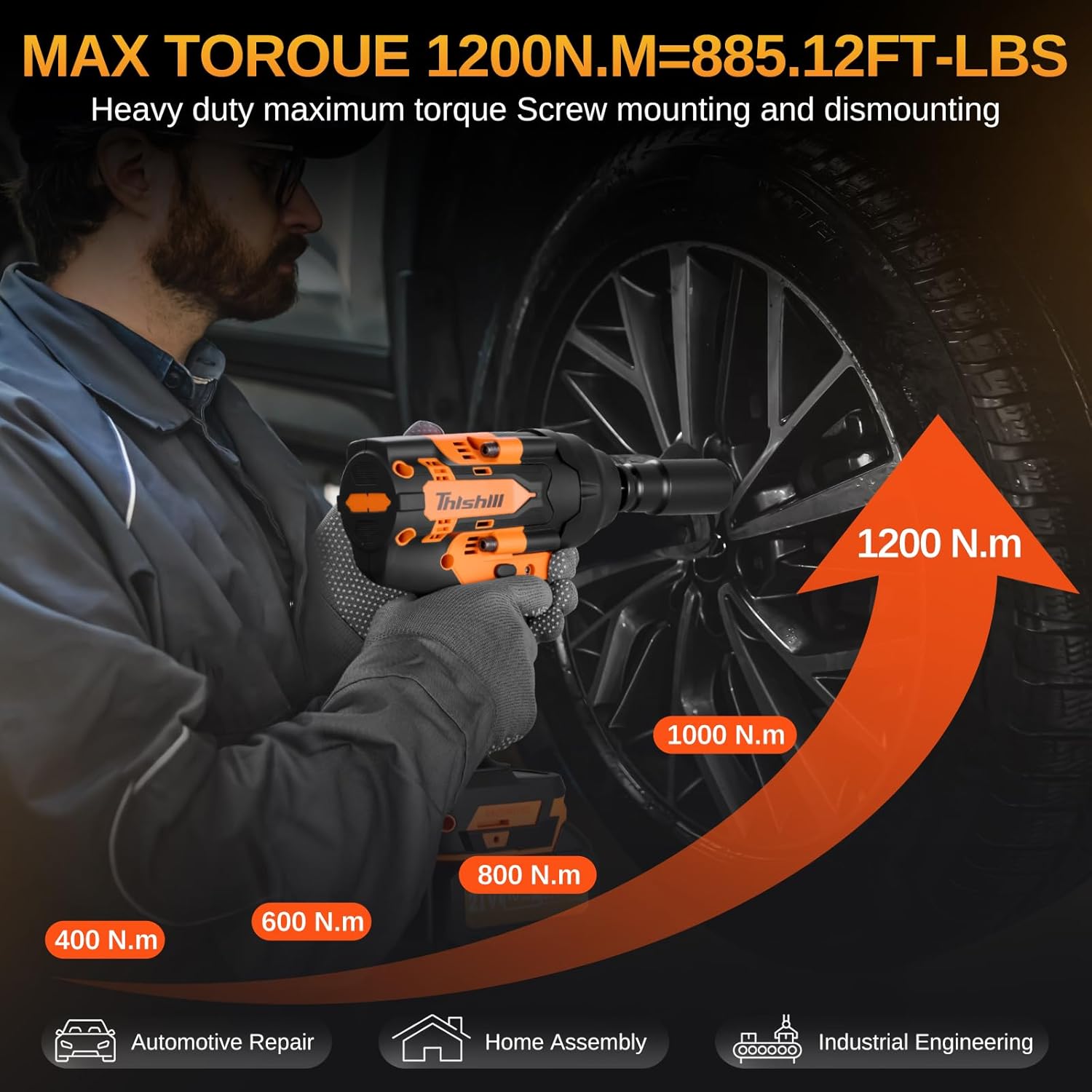 This Hill 1/2 inch Cordless Impact Wrench,1200Nm(885Ft-lbs),21V Brushless lmpact Driver Set,2x 4.0Ah Battery,High Torque Power Impact Gun for Agricultural Machinery Truck