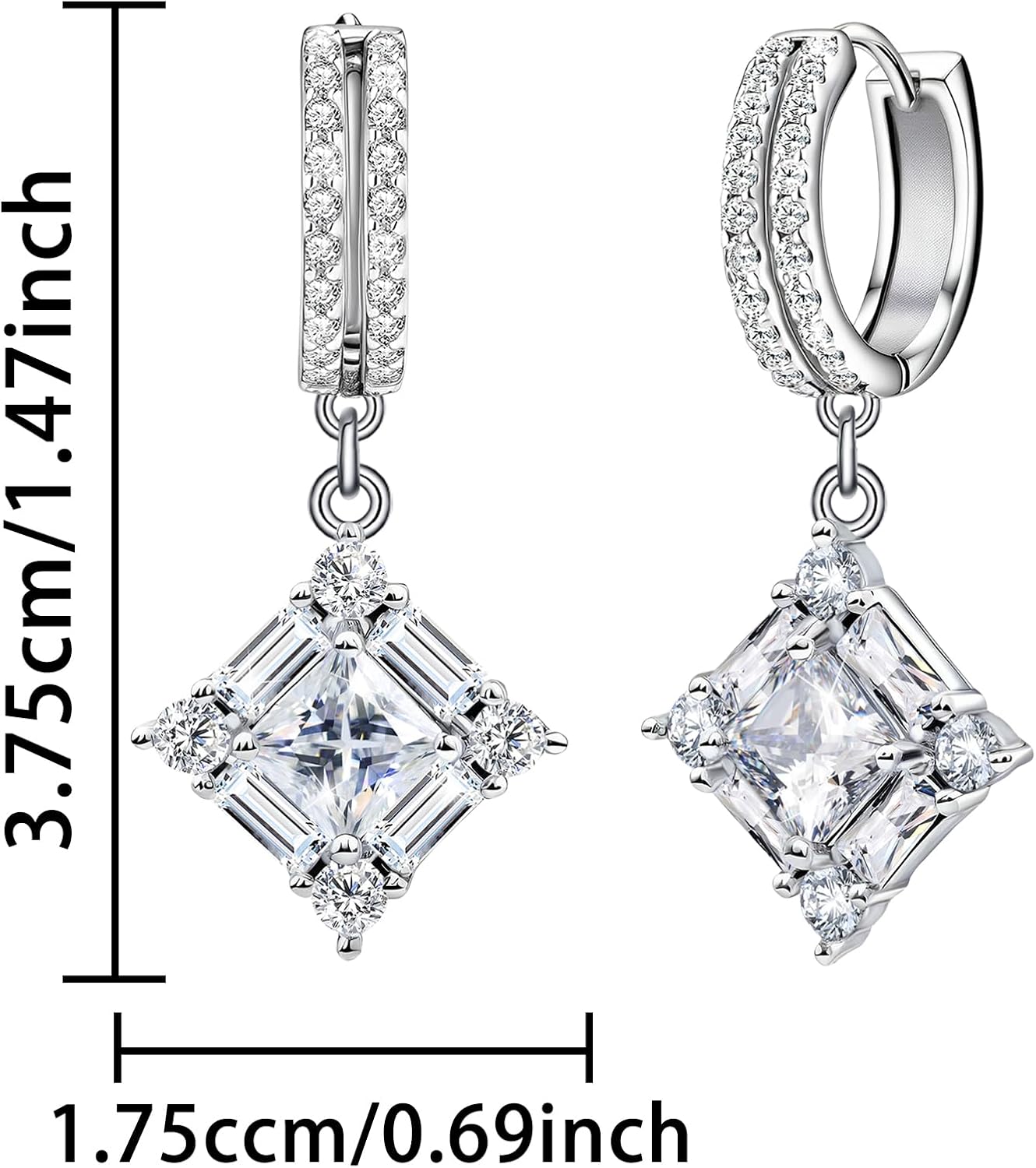 Sterling Silver Dangle Hoop Earrings for Women Cubic Zirconia Square Huggie Hoop Earrings with Cz Charm Bridal Wedding Sparkling Crystal Jewelry for Women Mother's Day Gifts for Mom Daughter - Image 6