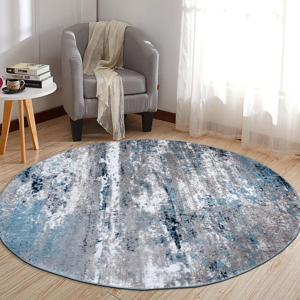 Rugshop Modern Distressed Blue Abstract Round Area Rug Bohemian Inspired Watercolor for Living Room, Dining Room and Foyer 8' Round