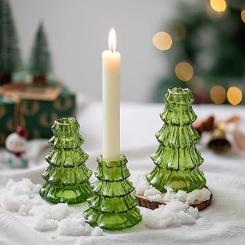 Hewory Christmas Tree Candle Holder 3 Pcs Green Glass Candlestick Holders Indoor Christmas Decorations, Decorative Taper Candle Holders for Table Centerpiece Dinner Gathering Party Home Decor