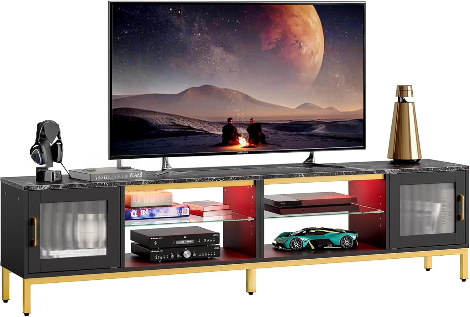 Bestier 80 Inch TV Stand for 75/85/86/90 inch TVs, 4 in 1 LED Entertainment Center with 2 Storage Cabinets, Modern TV Console with Adjustable Shelves for Living Room Bedroom, Black Marble