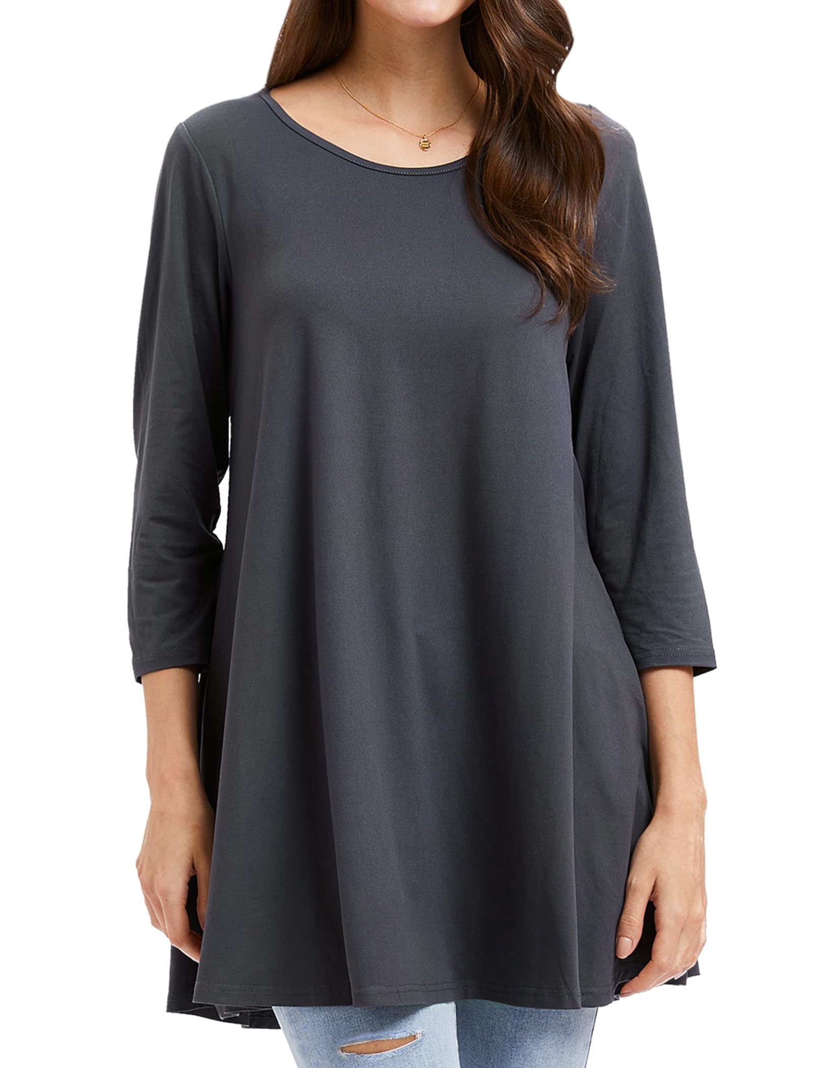 Enmain Dunkelgrau Damen Tunika Oberteile für Damen Dreivierte Langarm Blusen Tuniken Longline Bluse Longshirt Casual Rundhals Swing Tunika Tops L