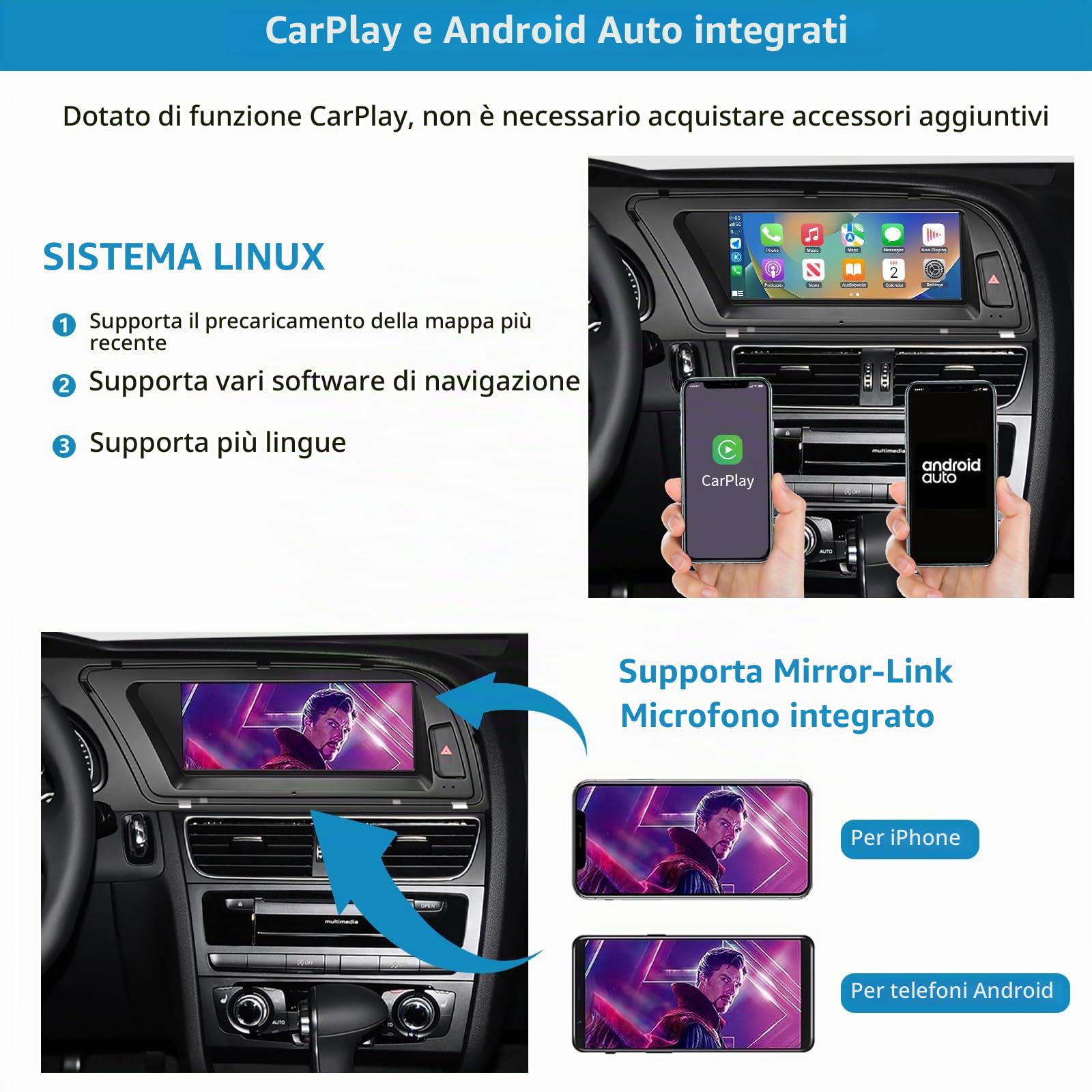 Car Radio 8,9 pollici touchscreen con Wireless Carplay e Android Auto per Audi A4 S4 2009-2016 con sistema 3G MMI+, supporta Mirrorlink, telecamera, navigazione