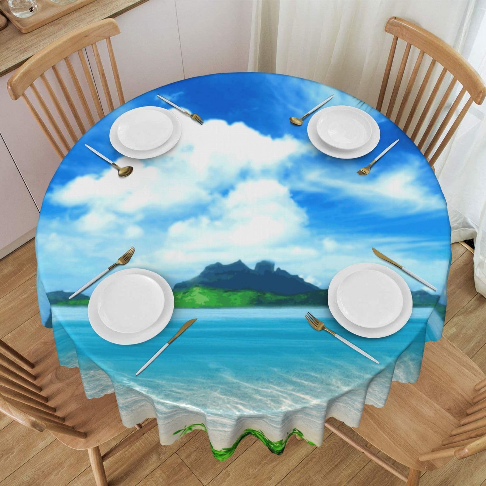 DCEHGEW 60 In Round Tablecloth with Lace, beach palm tree Printed Oilproof & Washable Fabric Picnic Table Cloth Table Covers